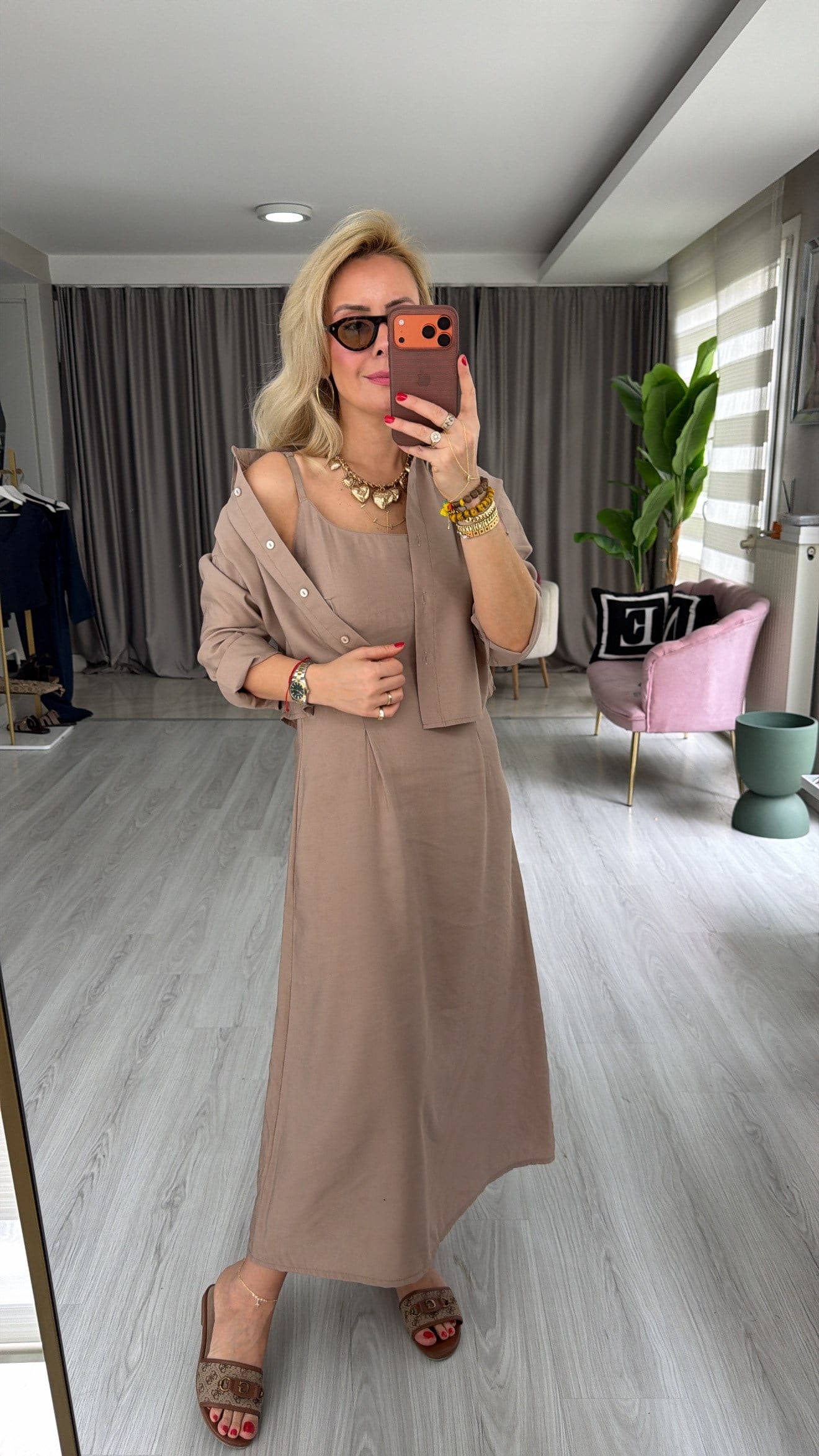 Tencel Gömlek ve Elbise Bej Modal Takım