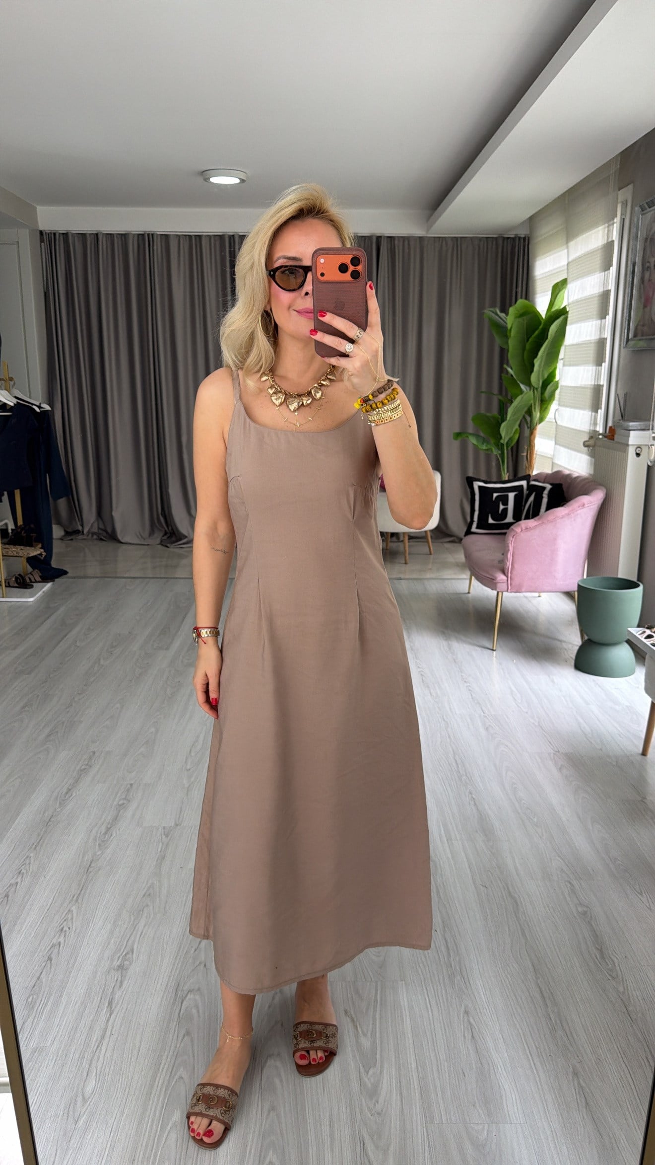 Tencel Gömlek ve Elbise Bej Modal Takım