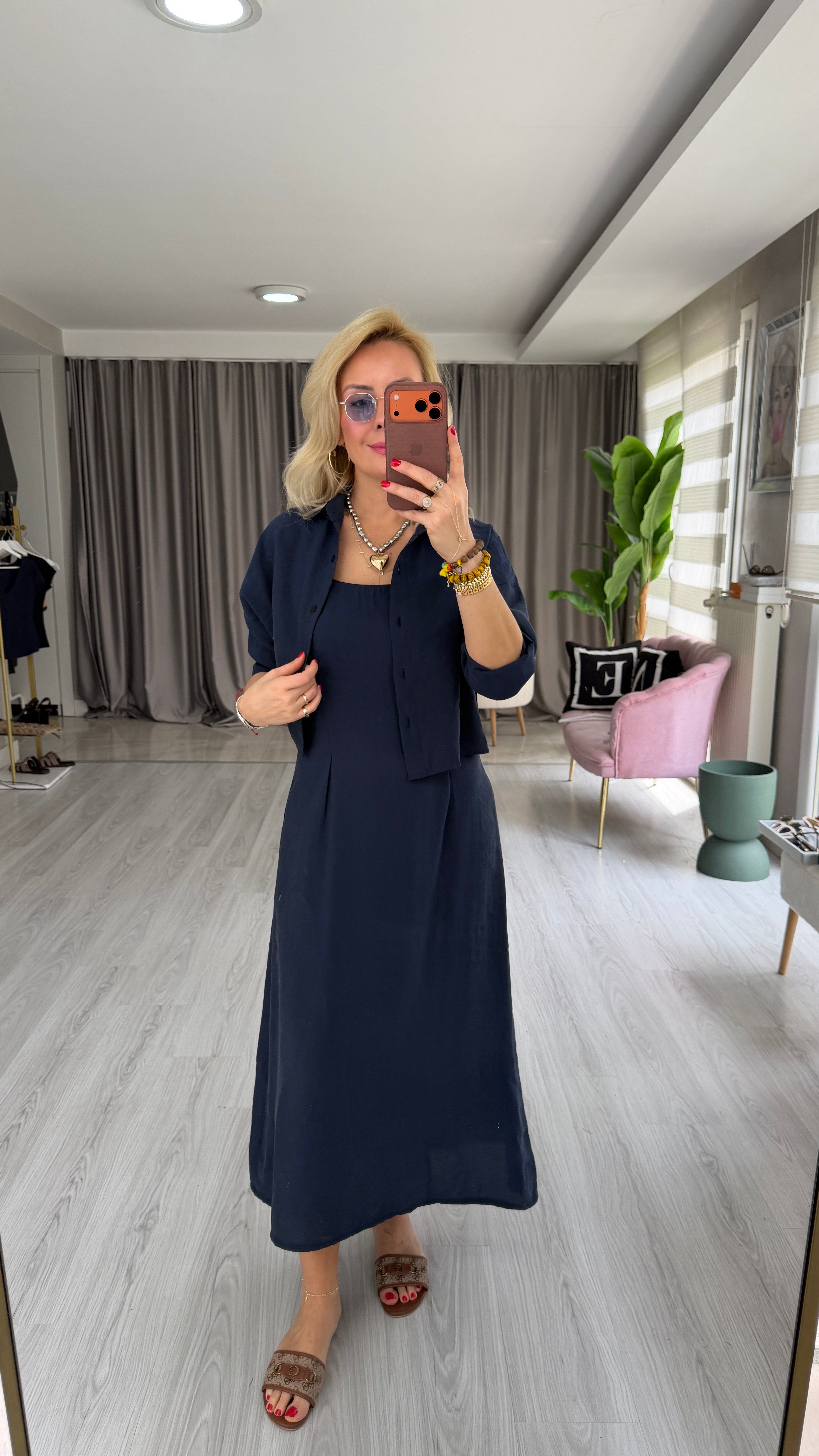 Tencel Gömlek ve Elbise Lacivert Modal Takım