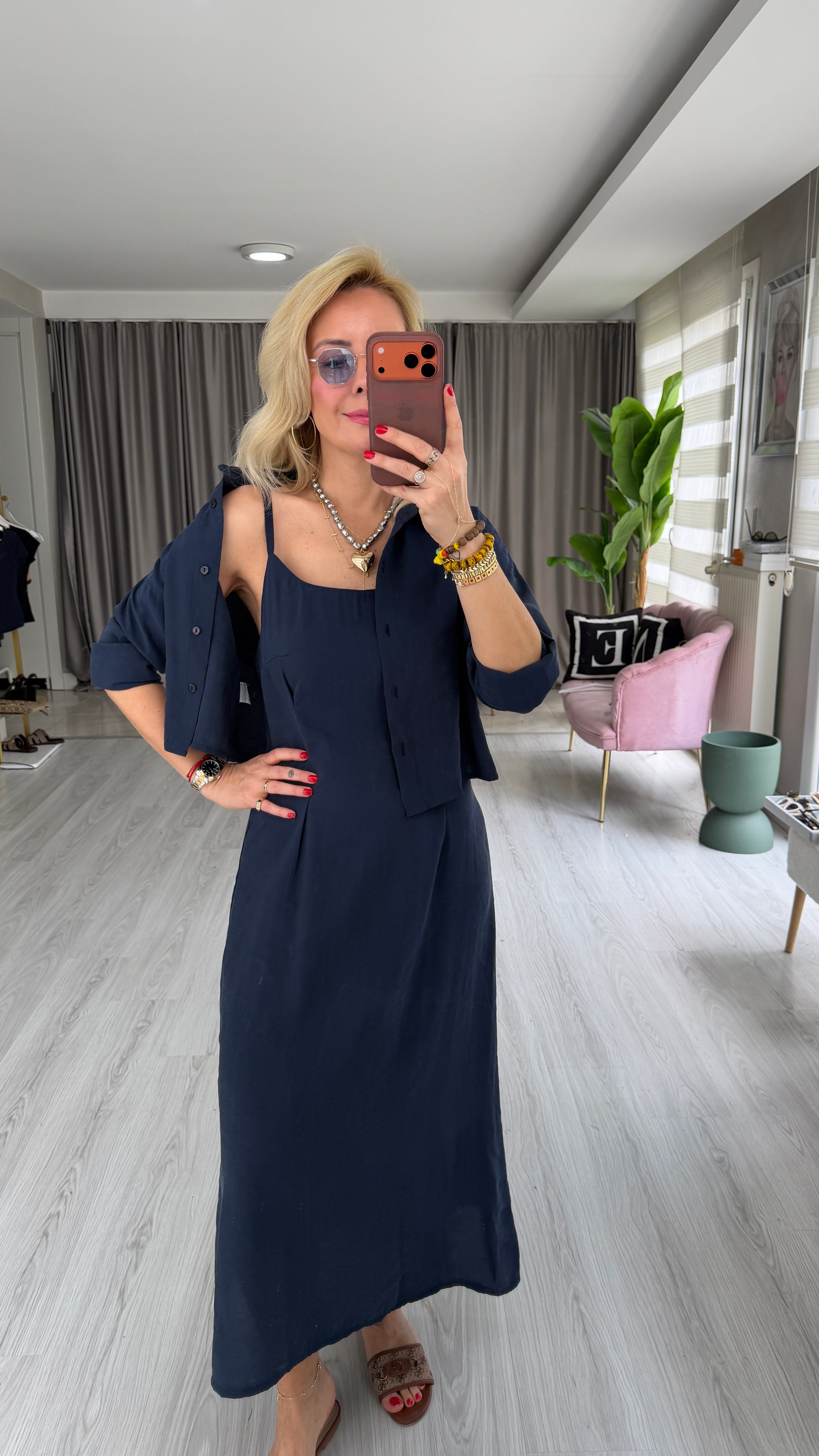 Tencel Gömlek ve Elbise Lacivert Modal Takım