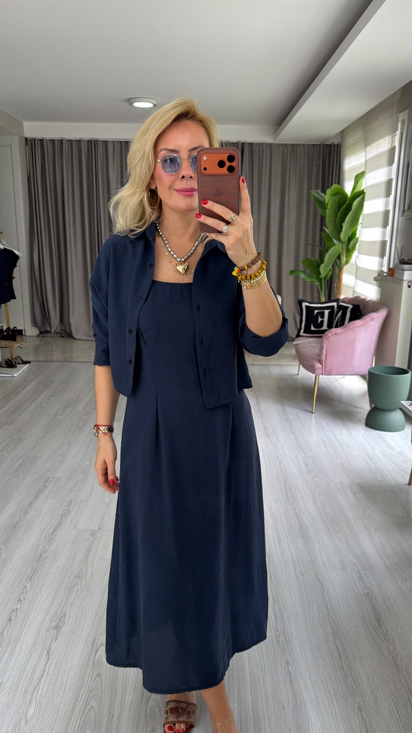 Tencel Gömlek ve Elbise Lacivert Modal Takım