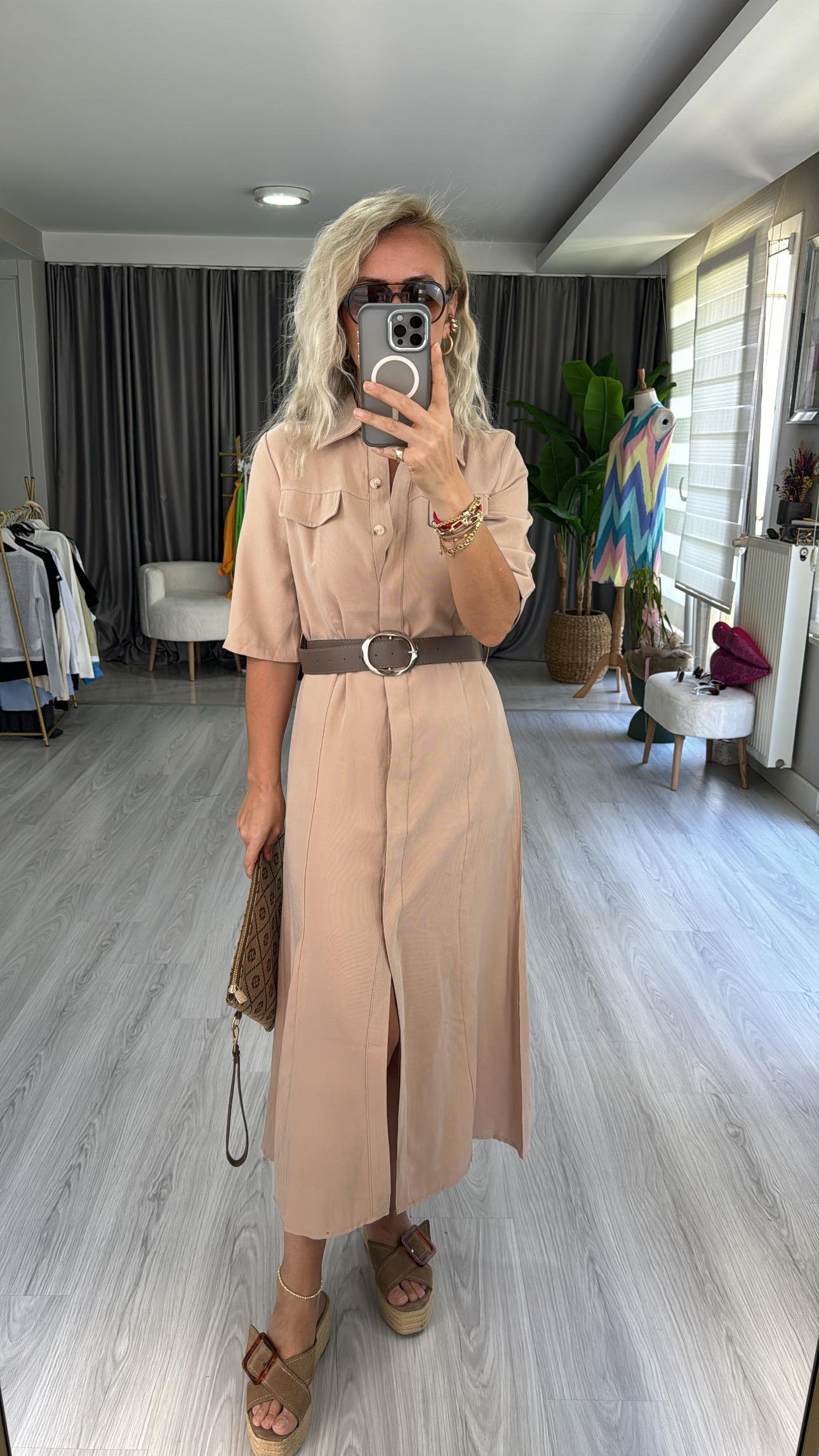 TENCEL MODAL KUMAŞ KEMERLİ BEJ GÖMLEK ELBİSE