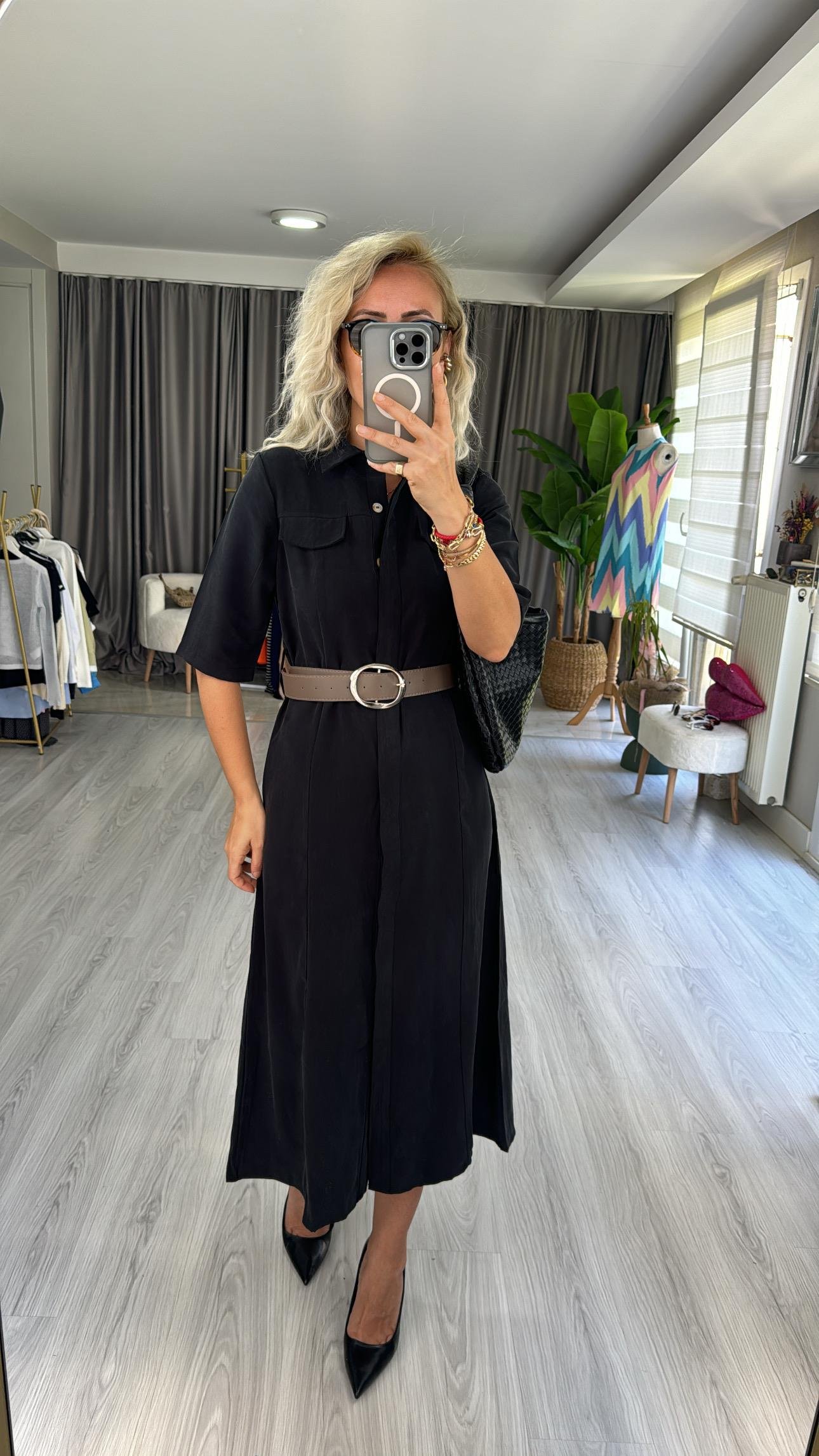 TENCEL MODAL KUMAŞ KEMERLİ SİYAH GÖMLEK ELBİSE
