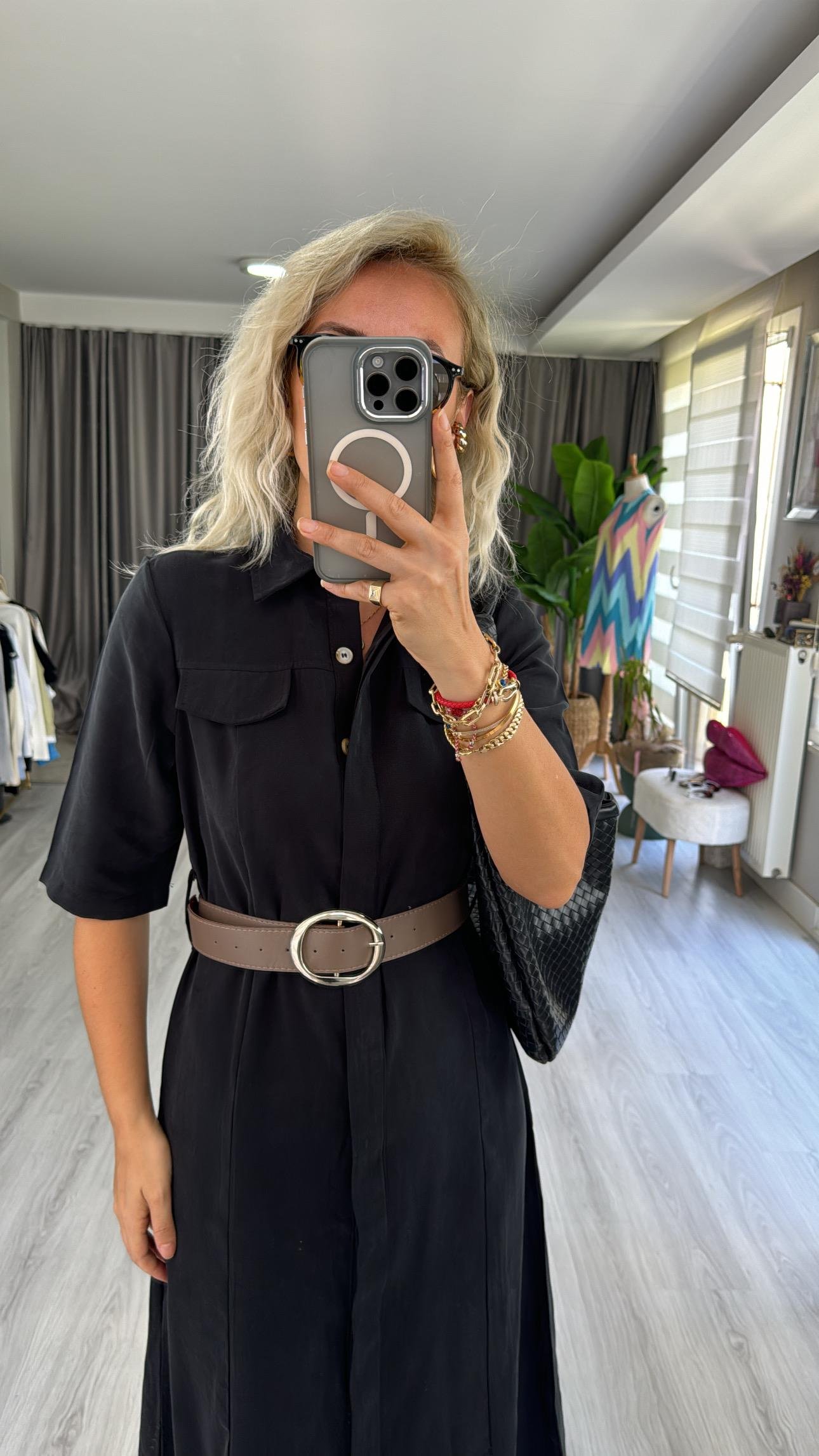 TENCEL MODAL KUMAŞ KEMERLİ SİYAH GÖMLEK ELBİSE