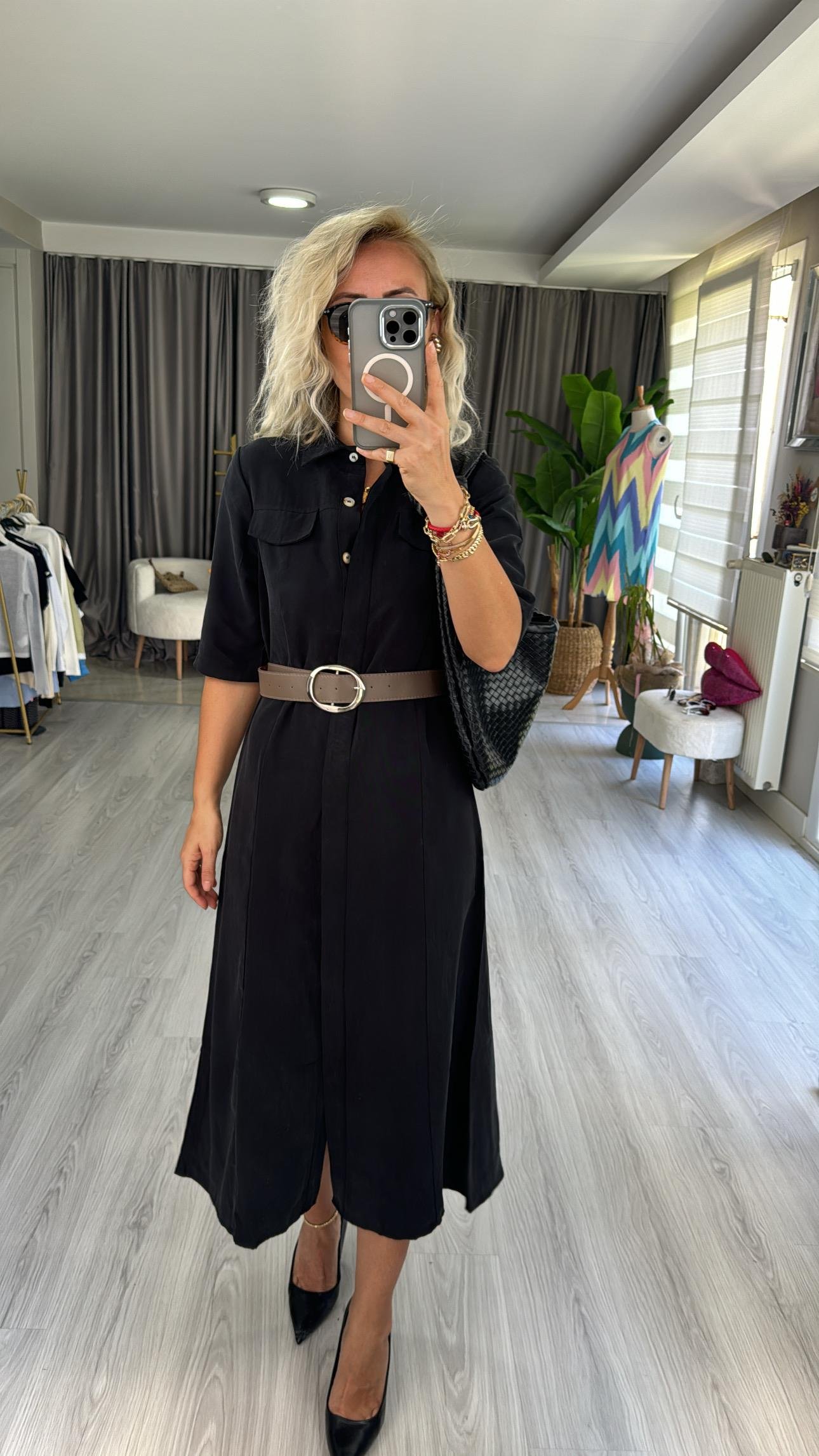 TENCEL MODAL KUMAŞ KEMERLİ SİYAH GÖMLEK ELBİSE