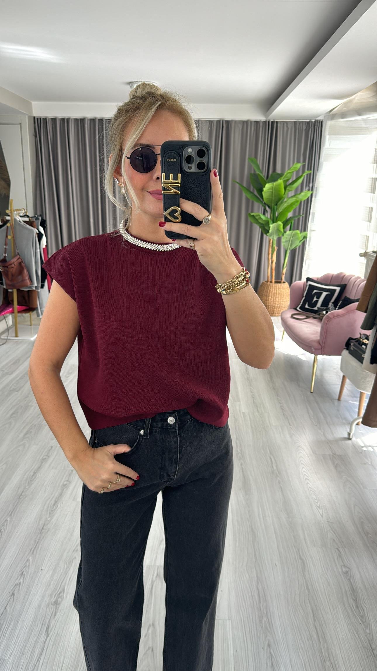 Yakası Taşlı Çelik Örme Bordo Bluz 