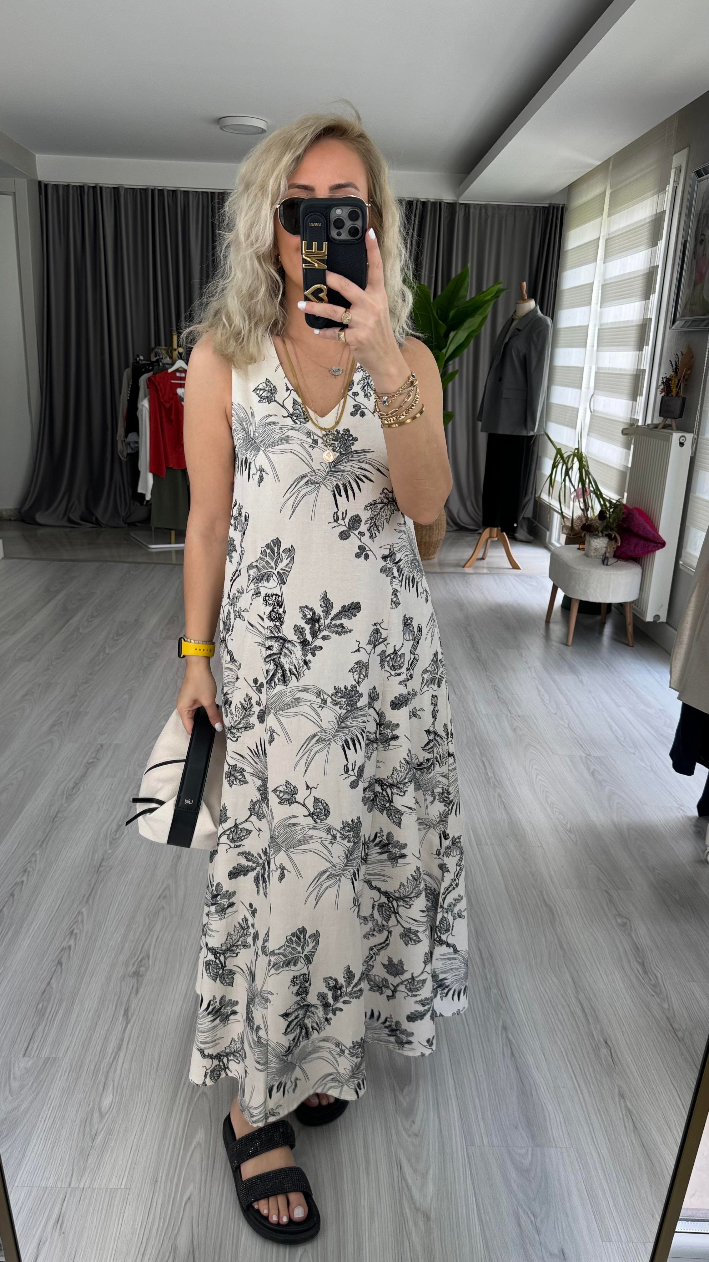 YAPRAK DESEN, CEPLİ, KETEN ELBİSE