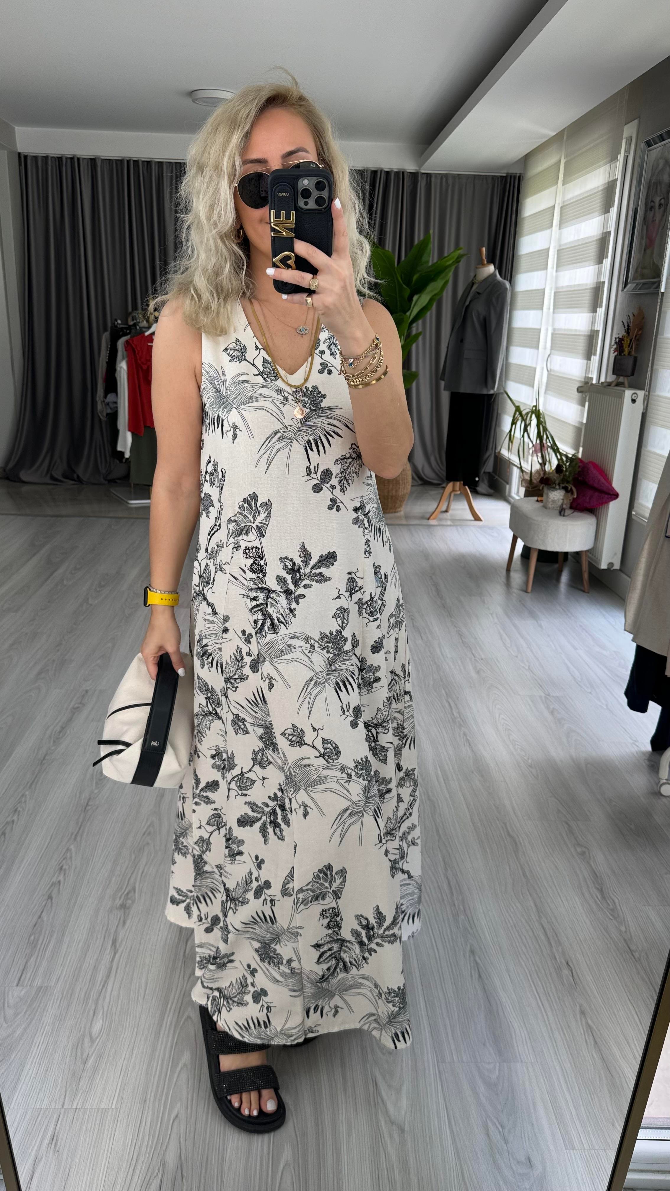 YAPRAK DESEN, CEPLİ, KETEN ELBİSE