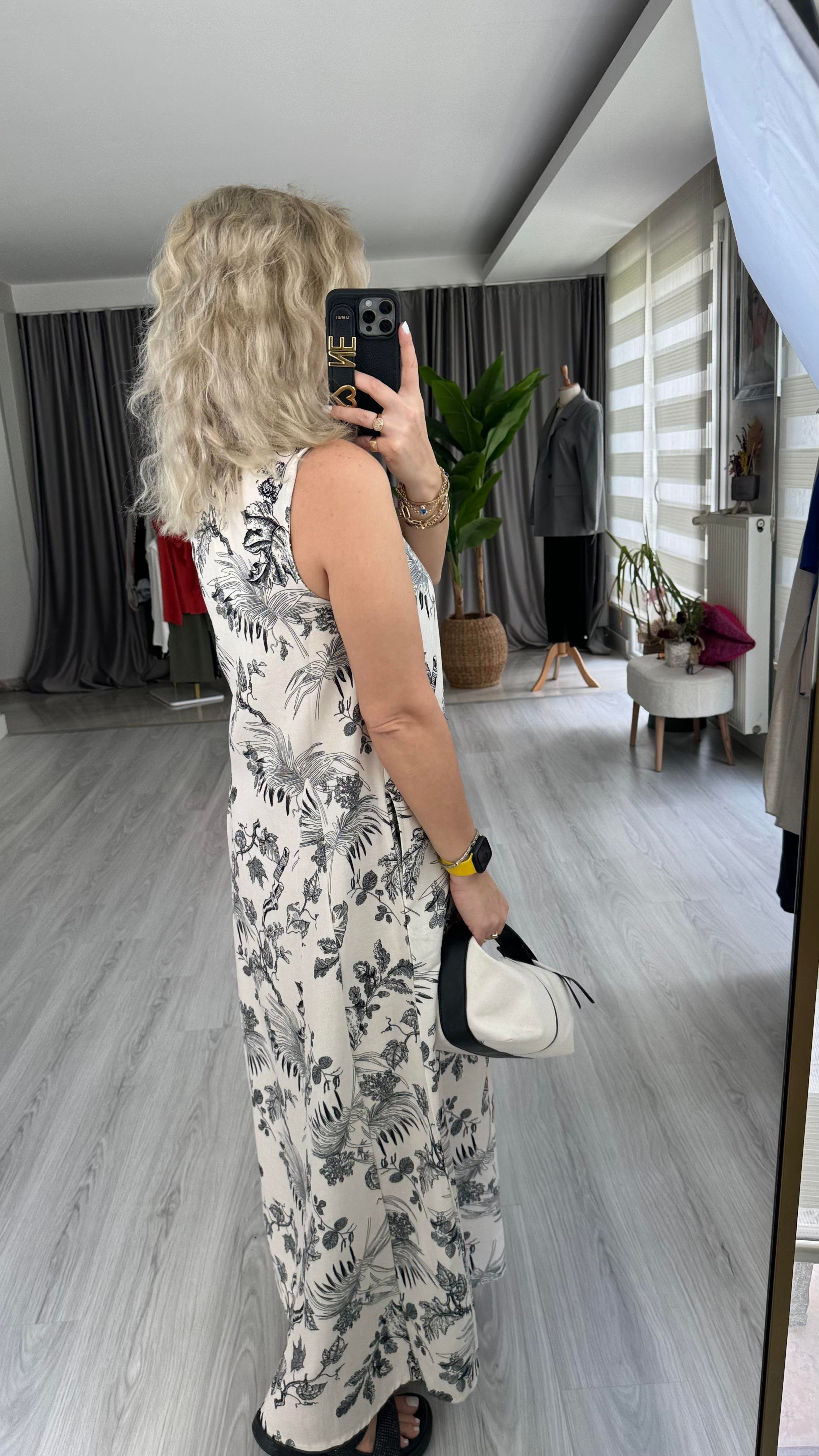 YAPRAK DESEN, CEPLİ, KETEN ELBİSE