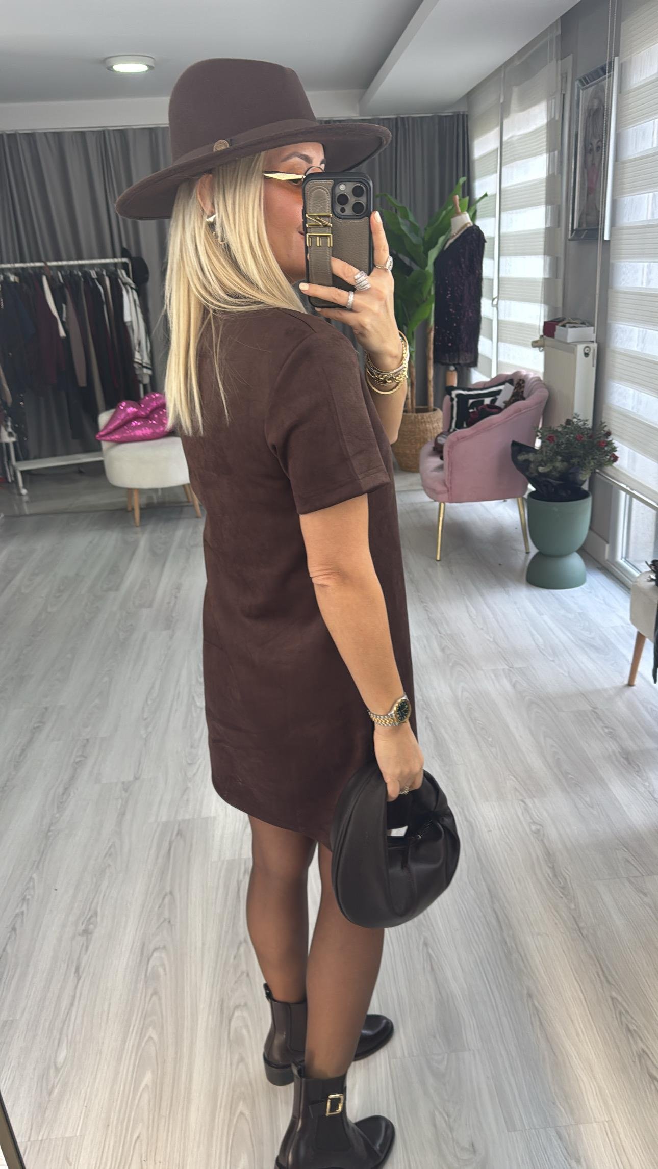 Yarım Kol Acı Kahve Süet Elbise