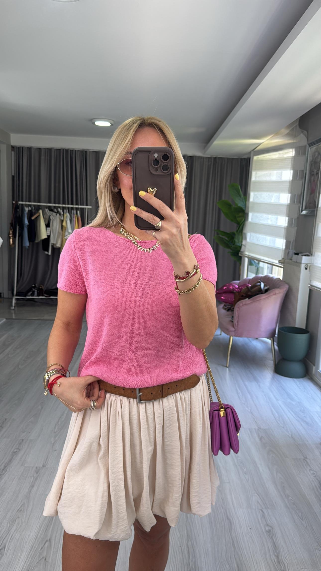 Yarım Kol Pembe Merserize Triko