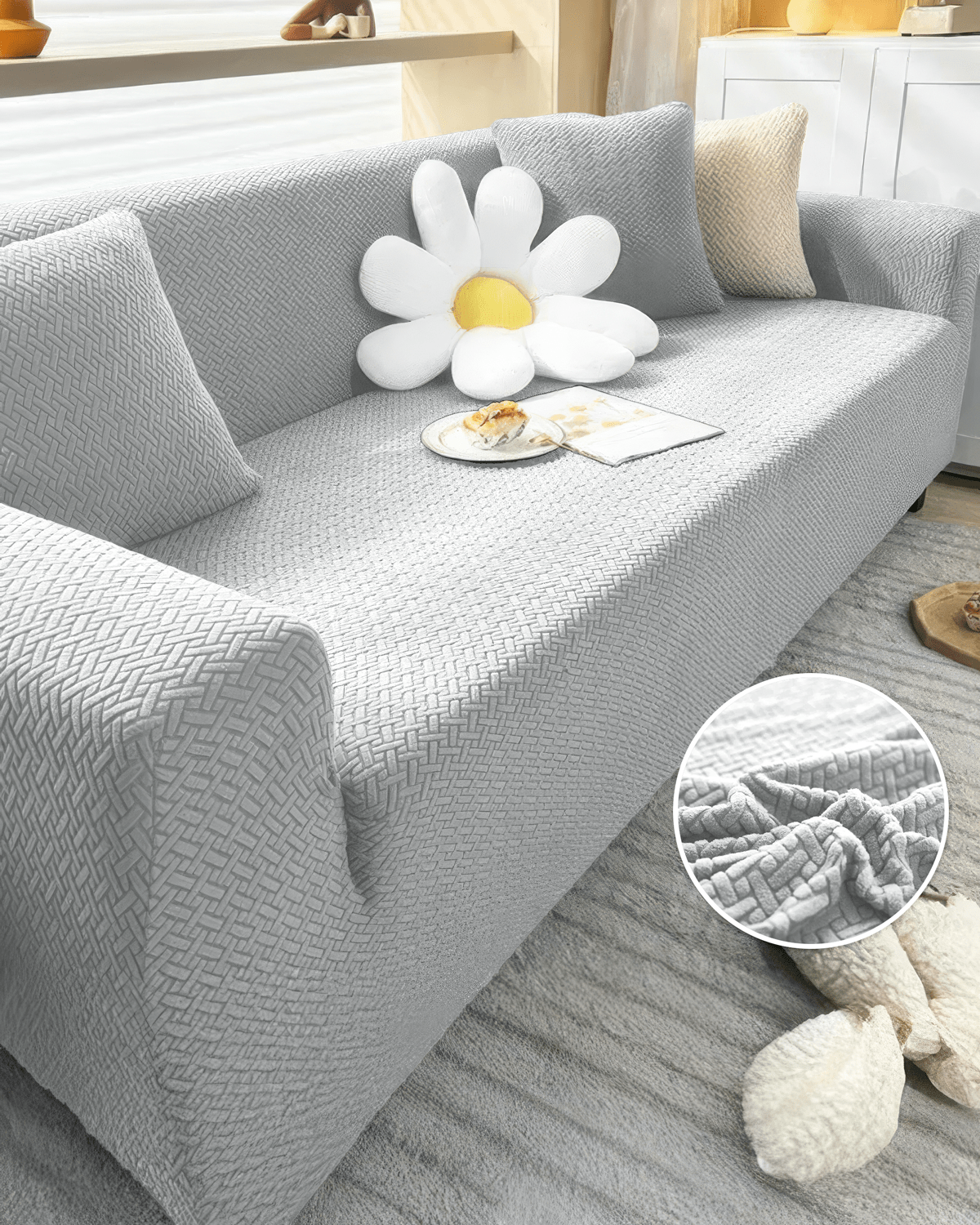 3.3.1.1 Koltuk Örtüsü Krem Koltuk Kılıfı Takımı Lastikli Sofa Cover / Gri