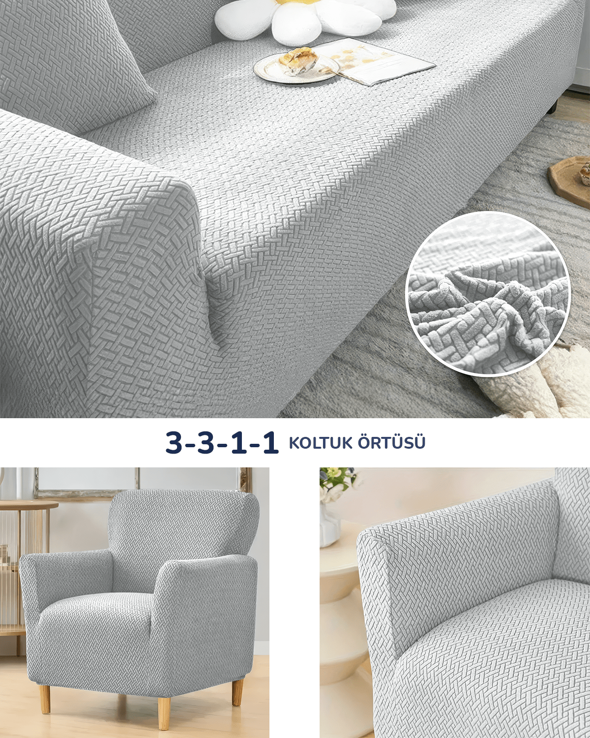 3.3.1.1 Koltuk Örtüsü Krem Koltuk Kılıfı Takımı Lastikli Sofa Cover / Gri