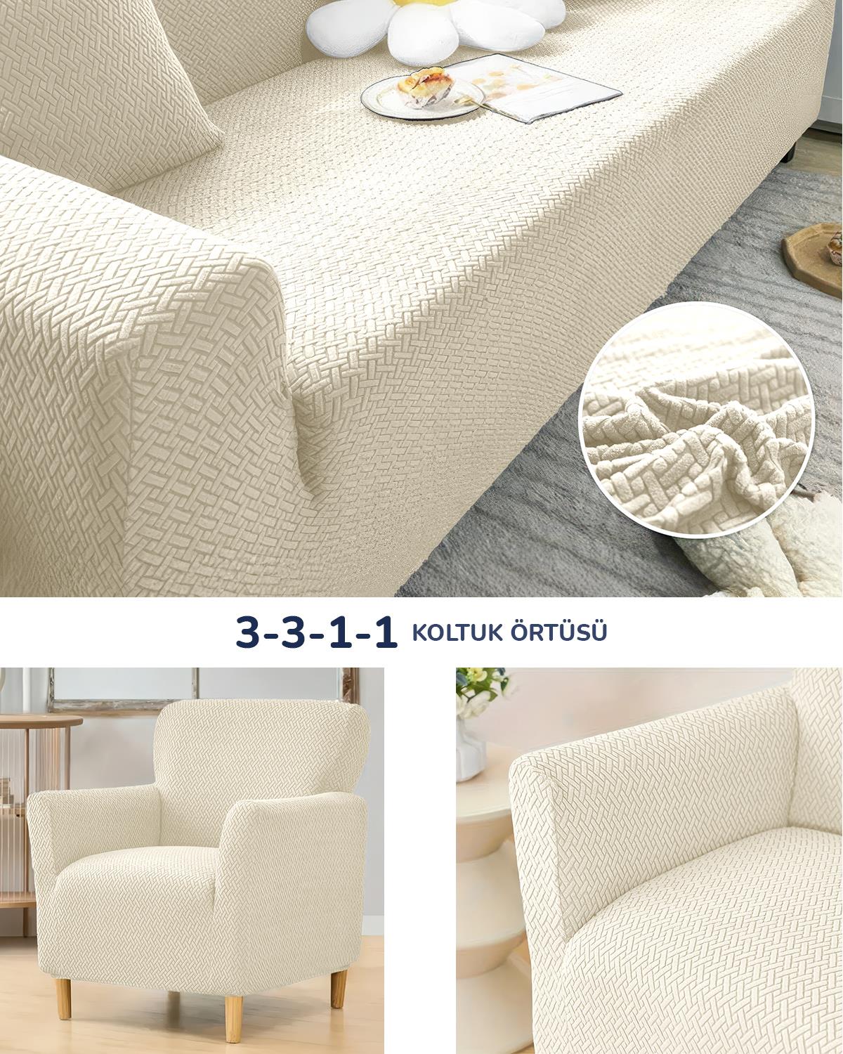 3.3.1.1 Koltuk Örtüsü Krem Koltuk Kılıfı Takımı Lastikli Sofa Cover / Krem