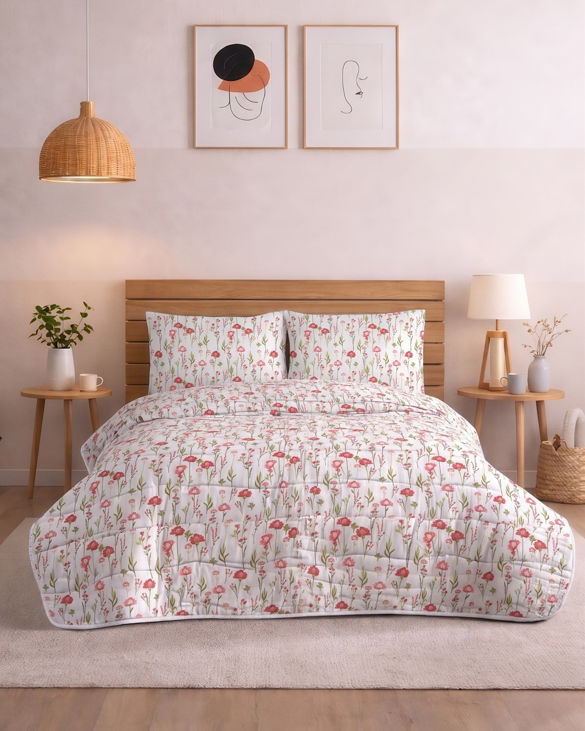 Çift Kişilik Kişilik Pamuklu Kapitone Çok Amaçlı Pike & Yatak Örtüsü / Flora Pembe