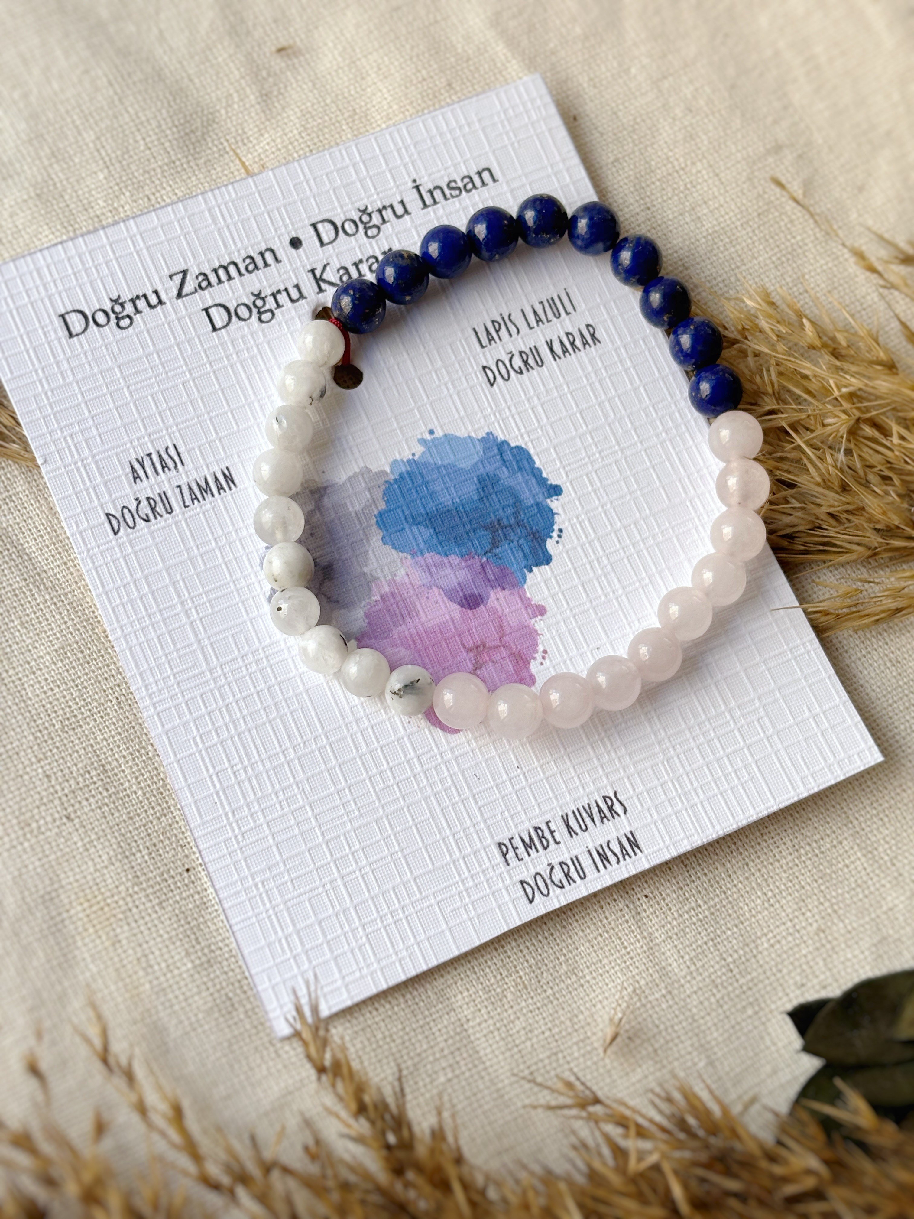 Doğru Zaman Doğru İnsan Doğru Karar – Ay Taşı, Lapis Lazuli ve Pembe Kuvars Bileklik | Üç Güzel Dilek