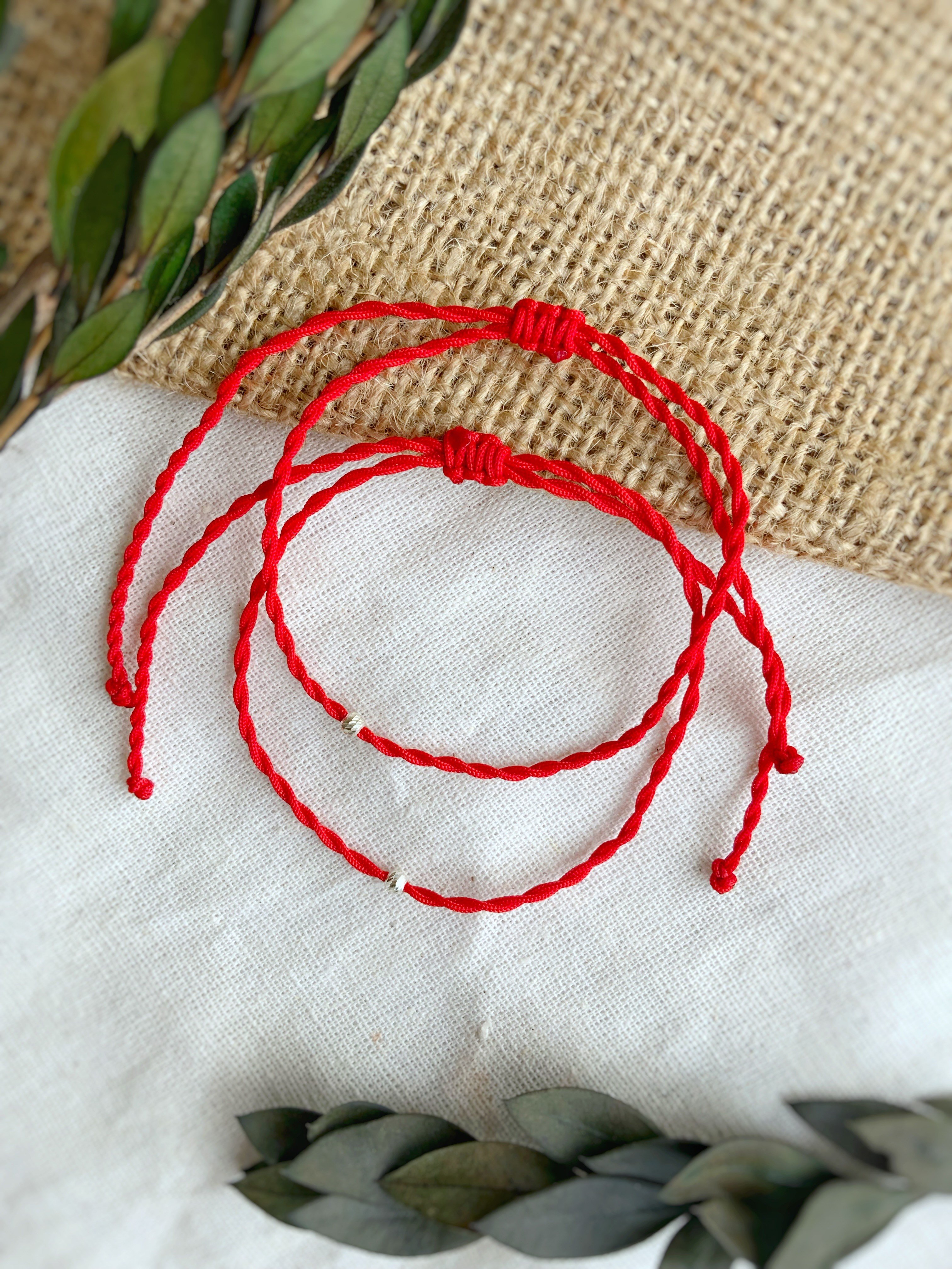 Red String 925 Ayar Gümüş Dorika Toplu 2'li Kırmızı İp Çift Bileklik