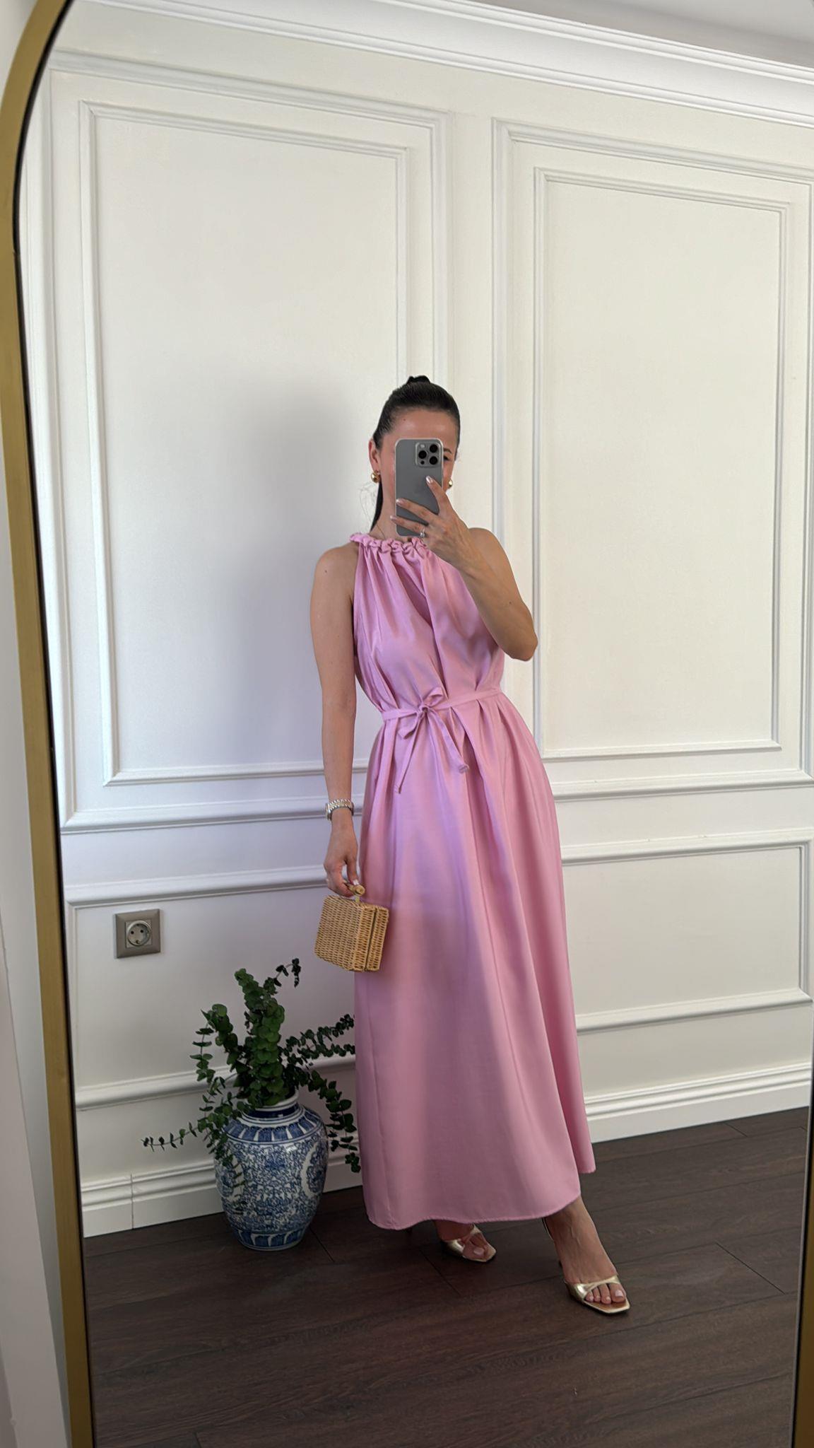 ELBİSEBüşceYAKASI ÖRGÜLÜ PEMBE ELBİSE