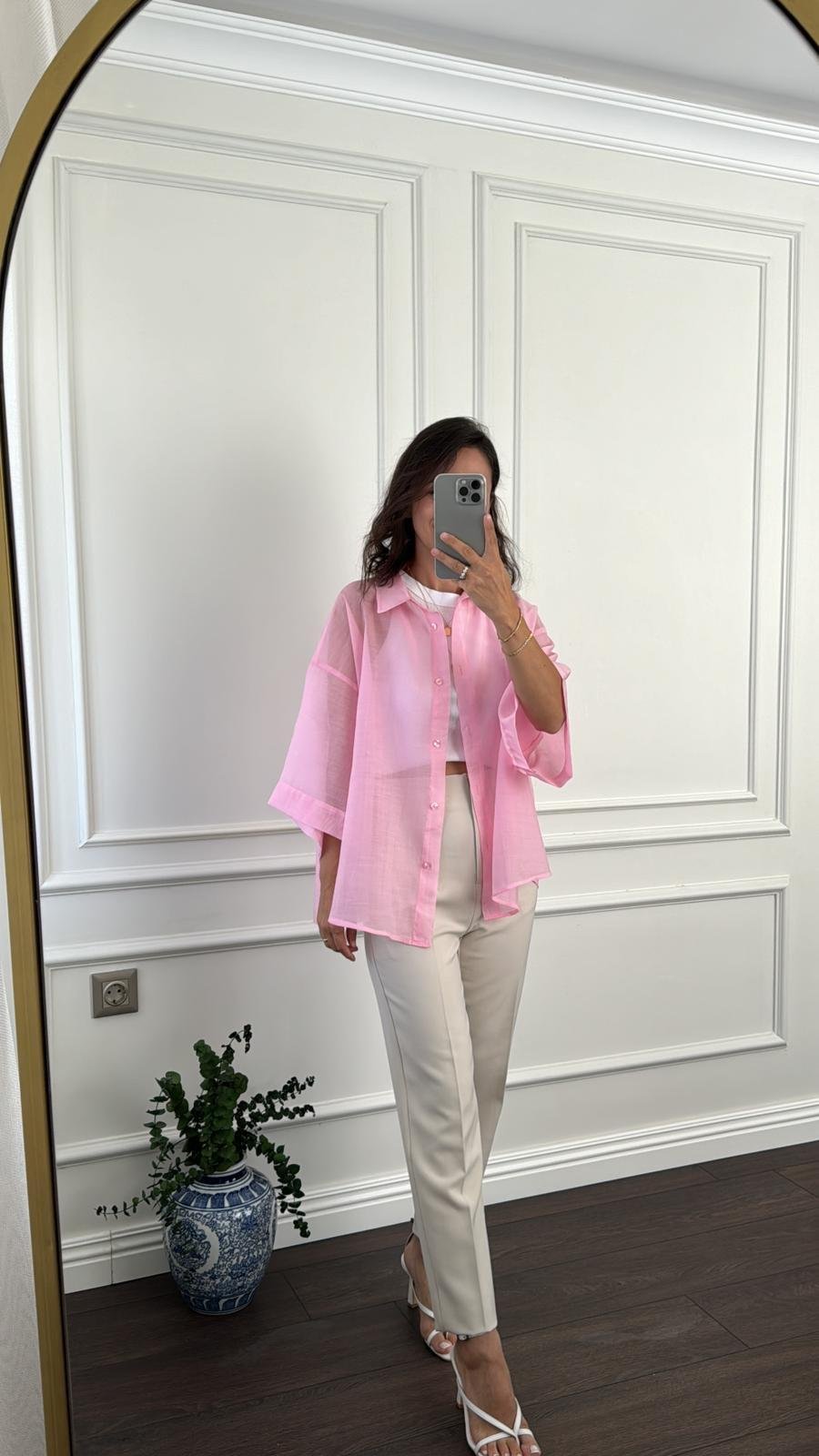 GÖMLEKBüşceOVERSİZE İPEKSİ GÖMLEK PEMBE