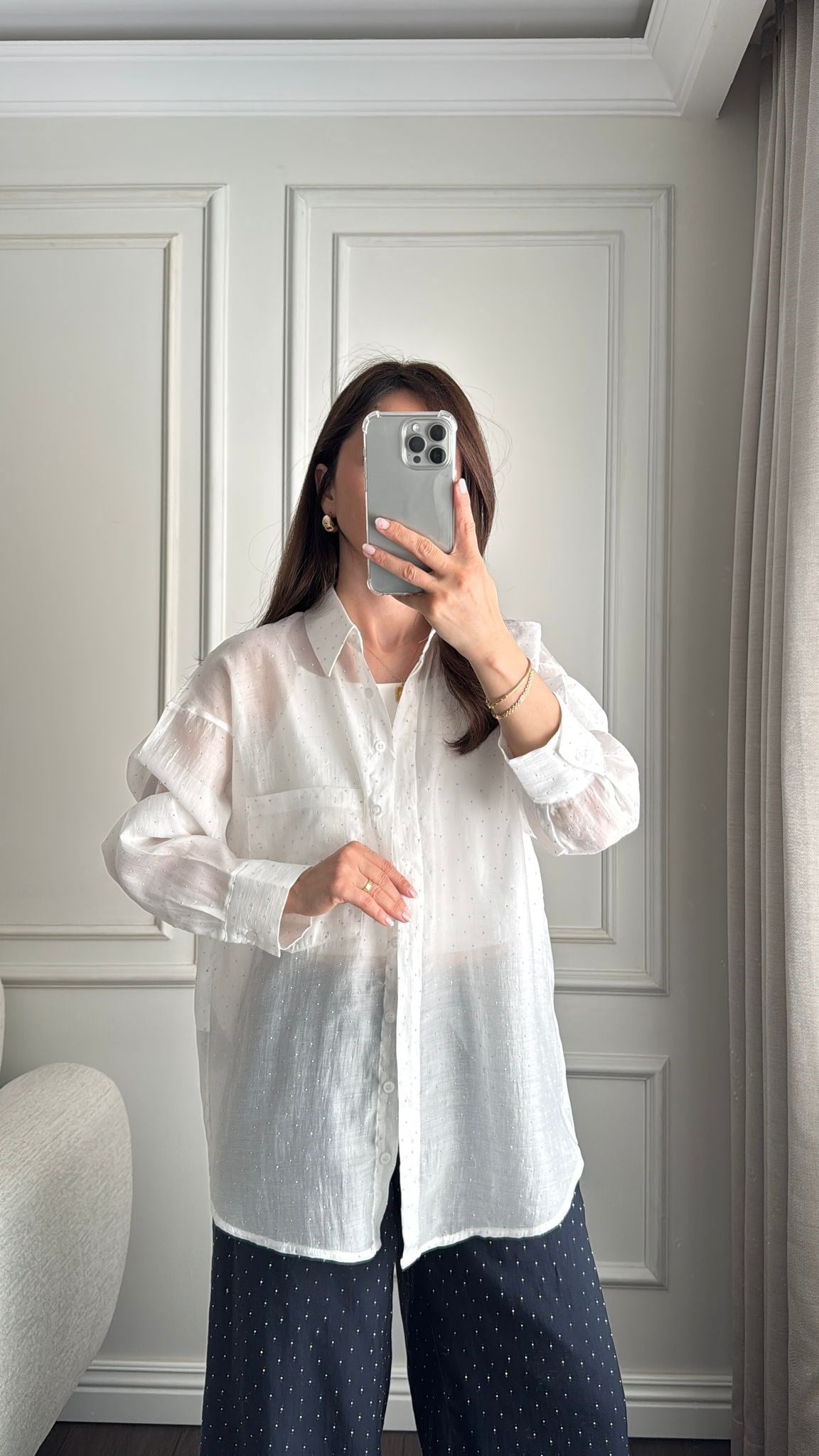 GÖMLEKBüşceTAŞLI TENCEL KUMAŞ GÖMLEK BEYAZ