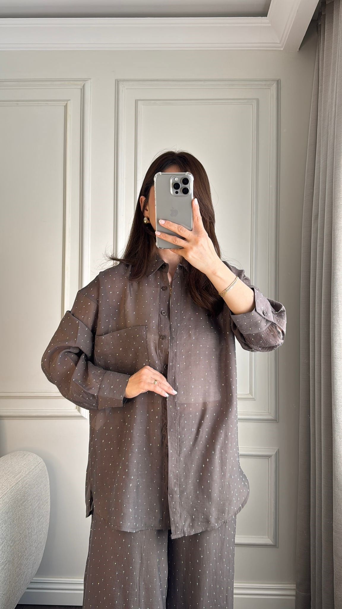 GÖMLEKBüşceTAŞLI TENCEL KUMAŞ GÖMLEK VİZON