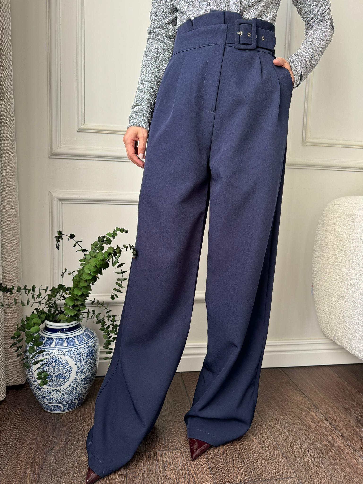 PANTOLONBüşceLACİVERT KEMER DETAYLI PALAZZO PANTOLON