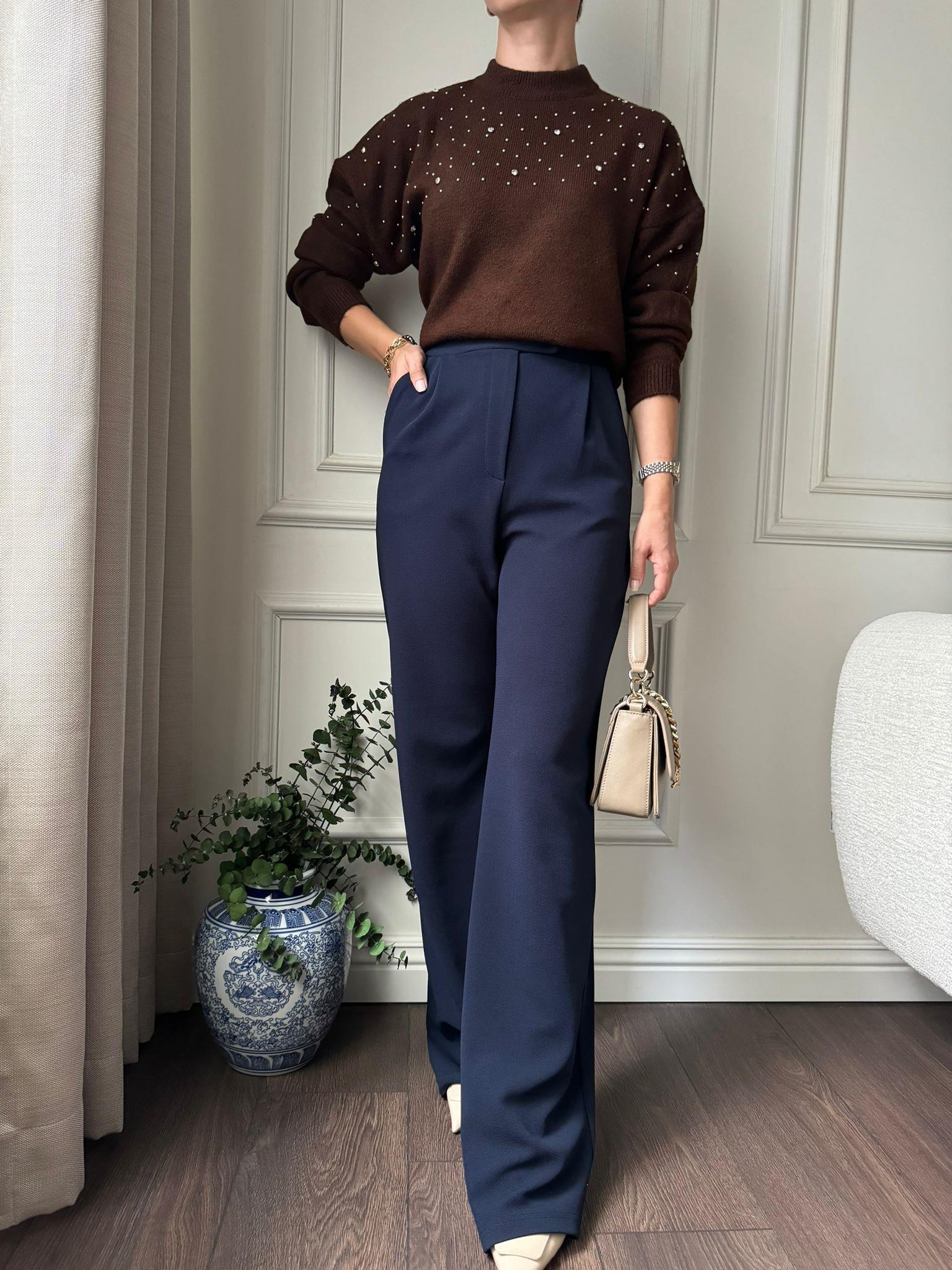 PANTOLONBüşceLİKRALI CIRTLI PALAZZO LACİVERT