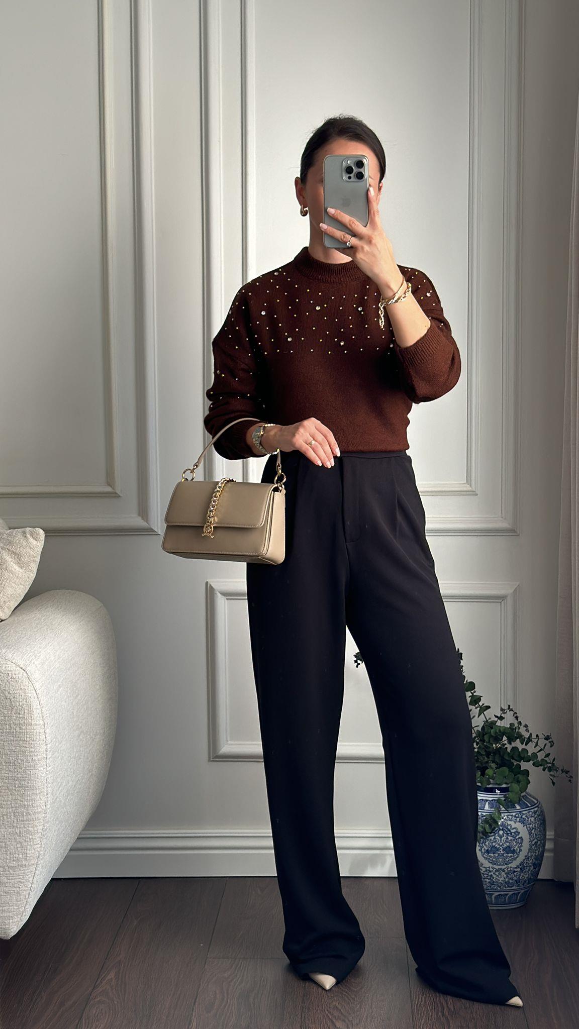 PANTOLONBüşceLİKRALI CIRTLI PALAZZO SİYAH
