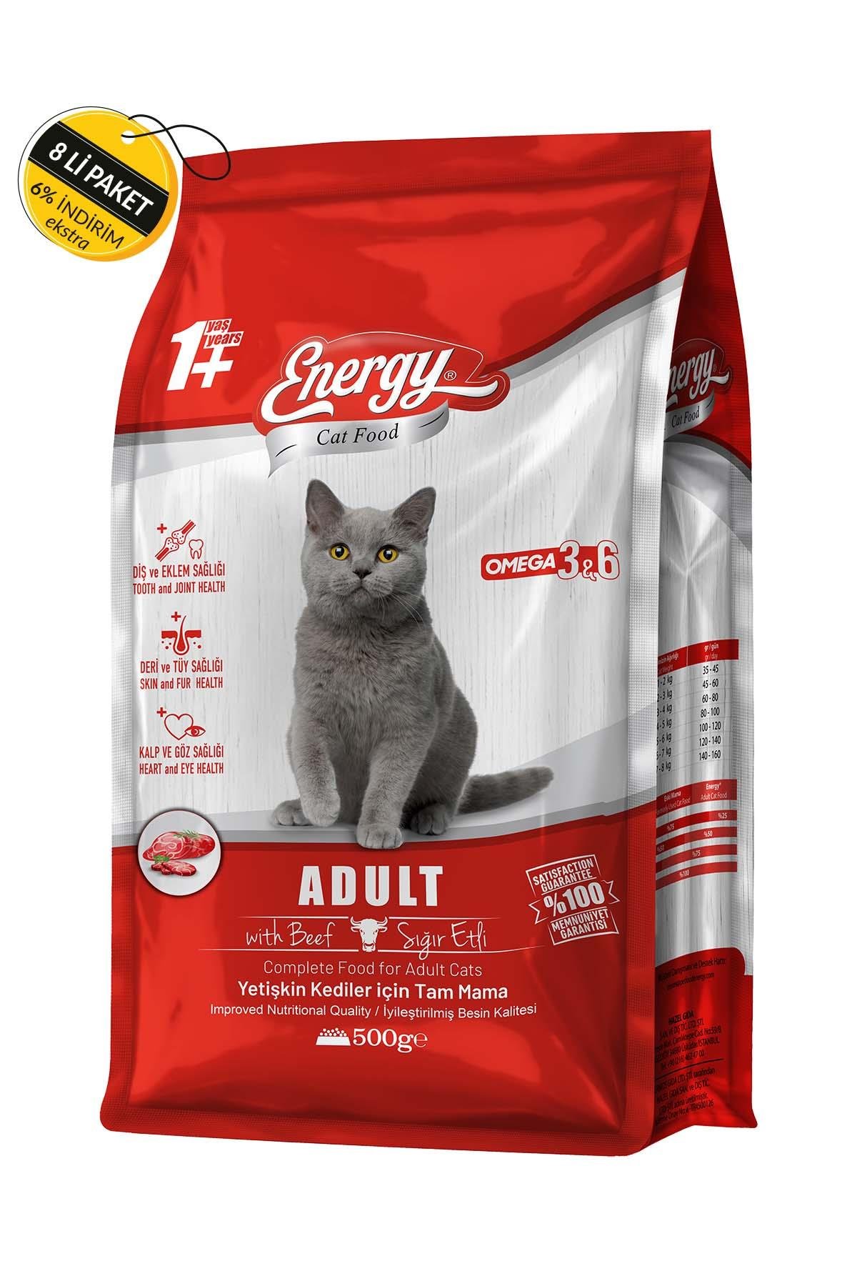 Energy Sığır Etli Yetişkin Kedi Maması 500 G Özel Koli (8 Adet)