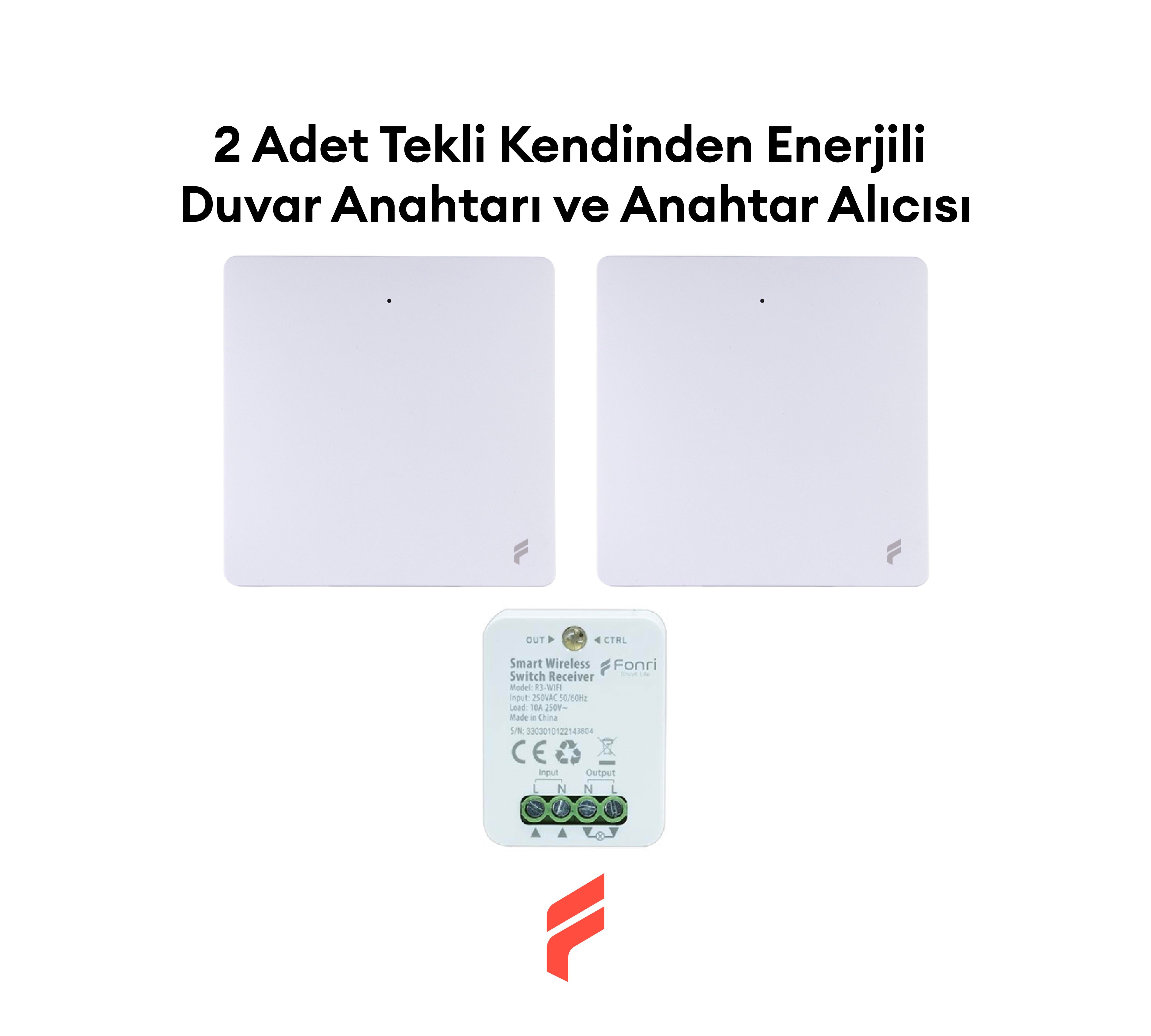 Akıllı Kablosuz 2 Adet Tekli Kendinden Enerjili Duvar Anahtarı ve Akıllı Kablosuz Anahtar Alıcısı Seti