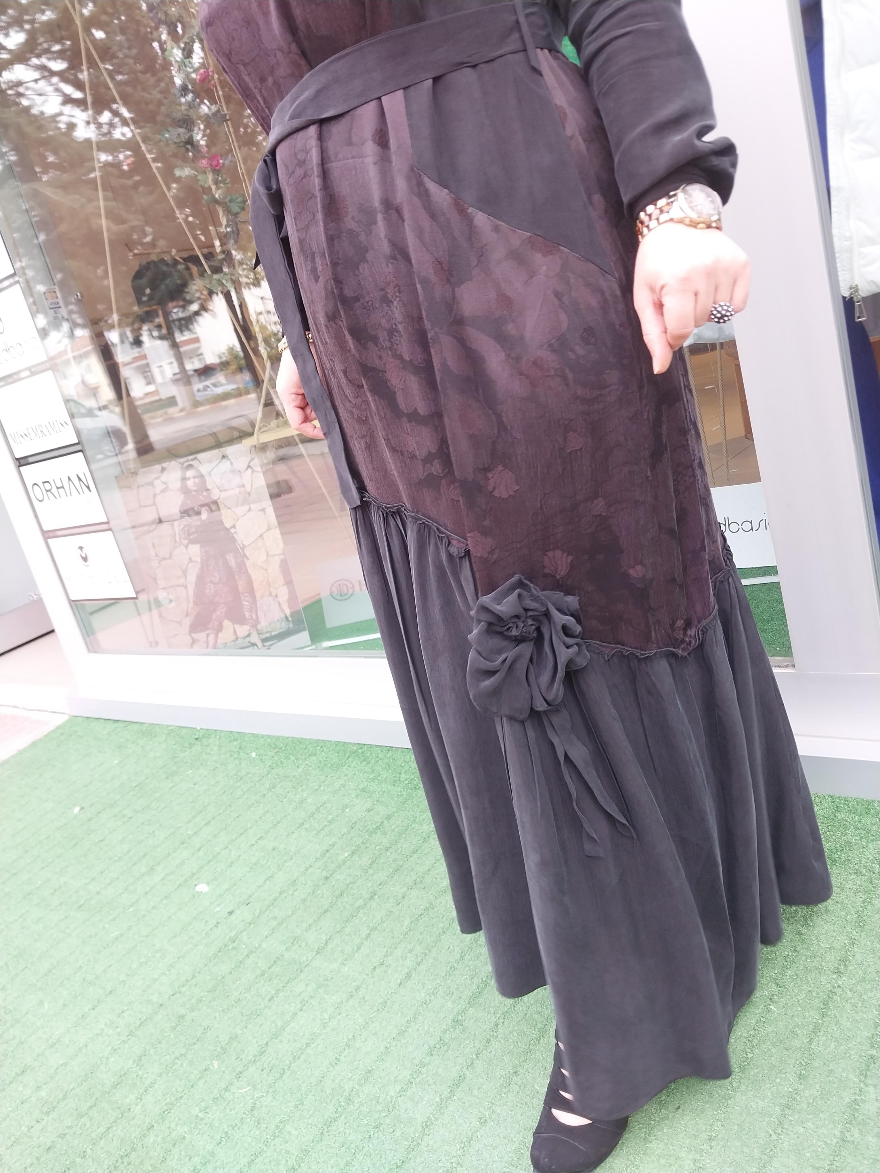 MİSSWHENCE JAKARLI İPEK ELBİSE KAHVERENGİ 34820