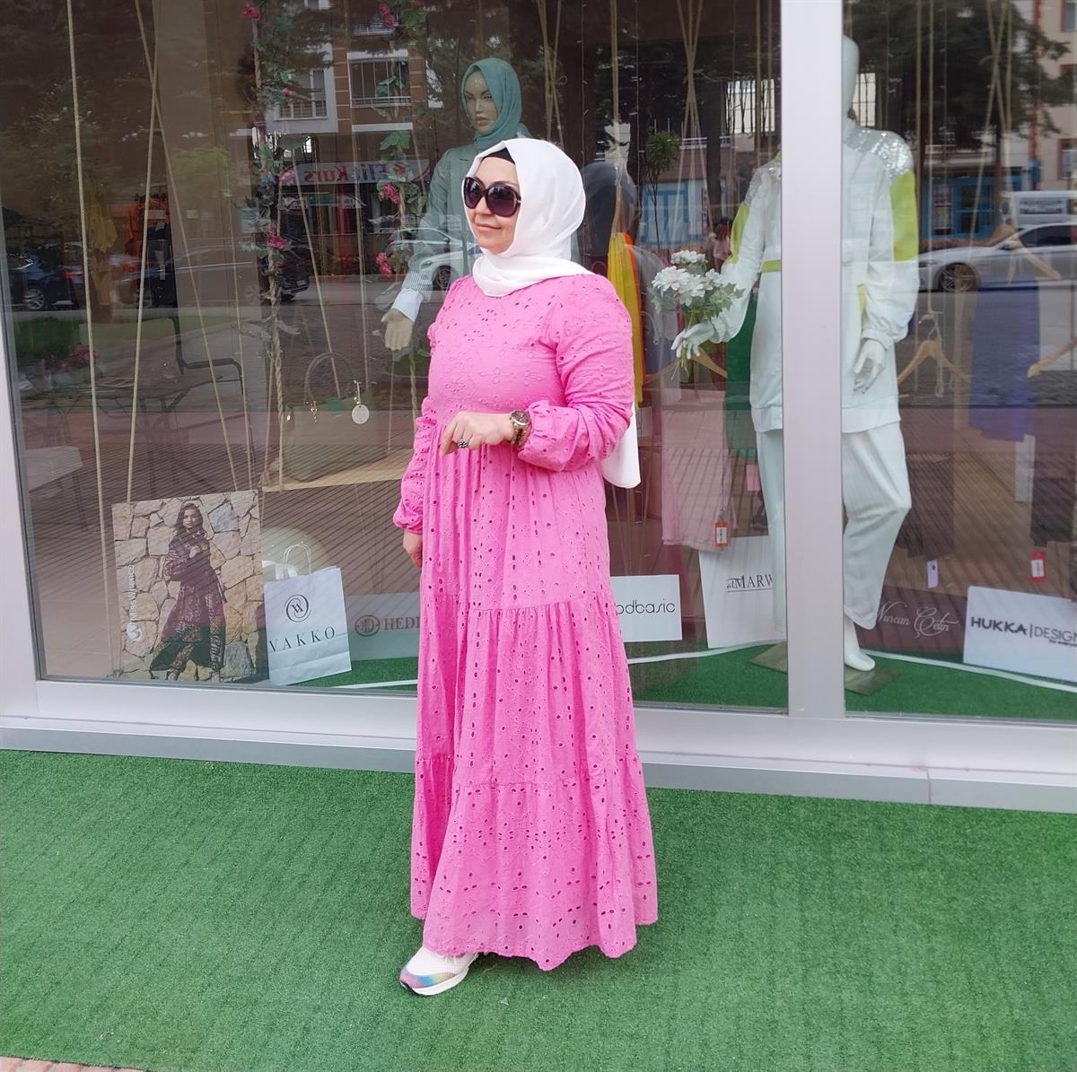 NURCAN ÇETİN ASTARLI BRODE ELBİSE PEMBE 23107