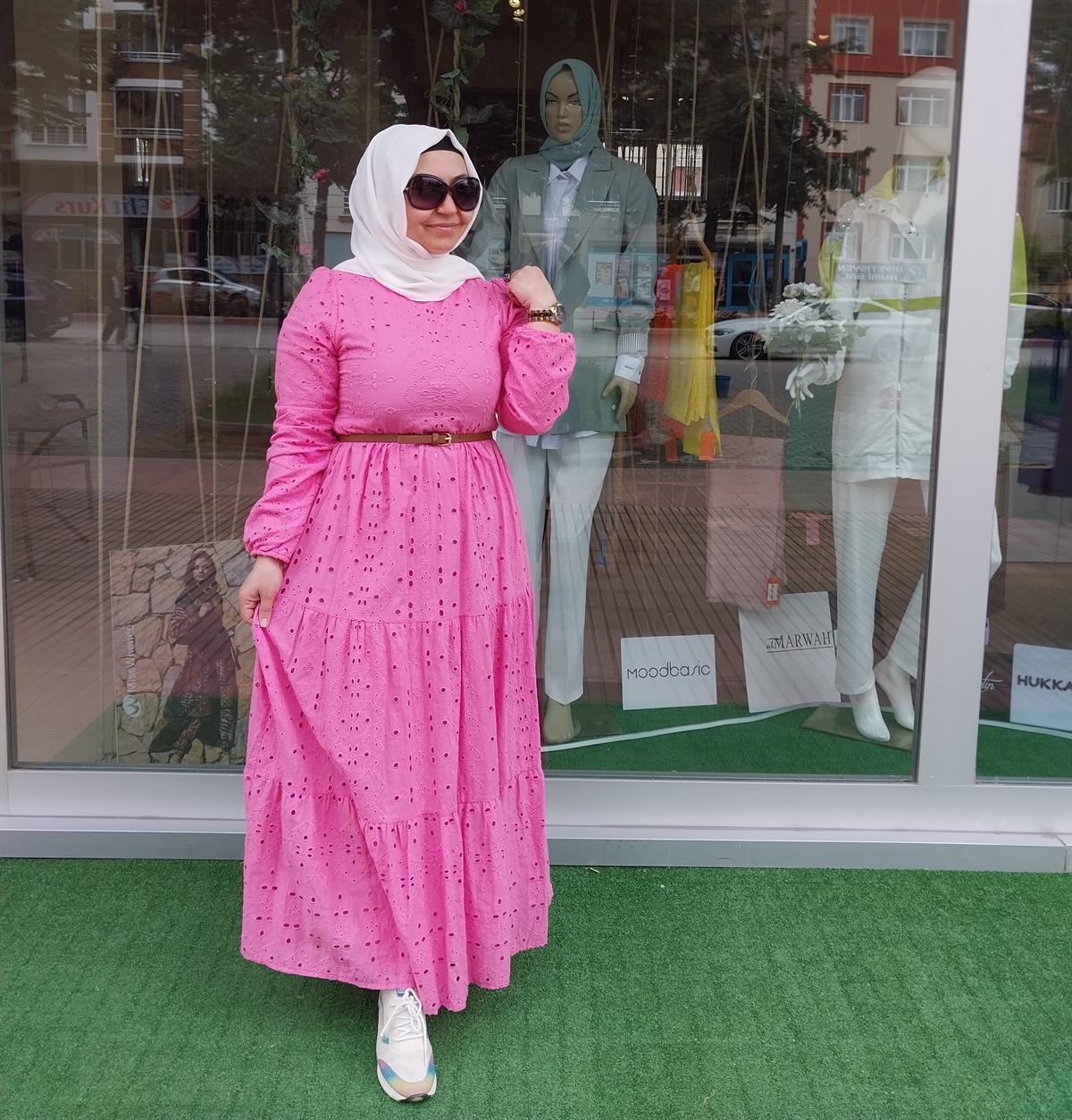 NURCAN ÇETİN ASTARLI BRODE ELBİSE PEMBE 23107