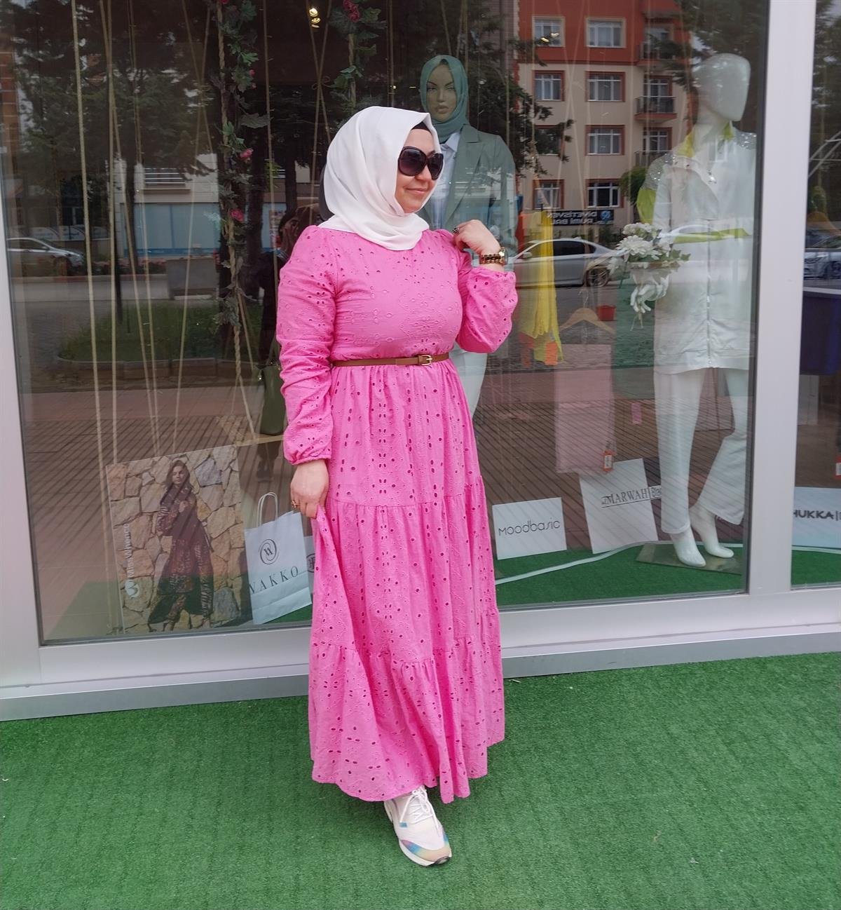 NURCAN ÇETİN ASTARLI BRODE ELBİSE PEMBE 23107