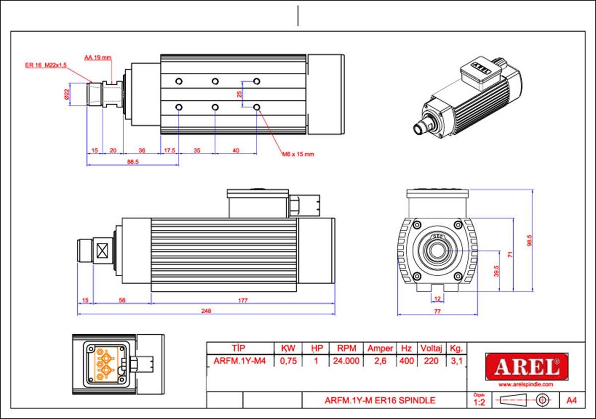 0.75 kw Arel Spindle Motor