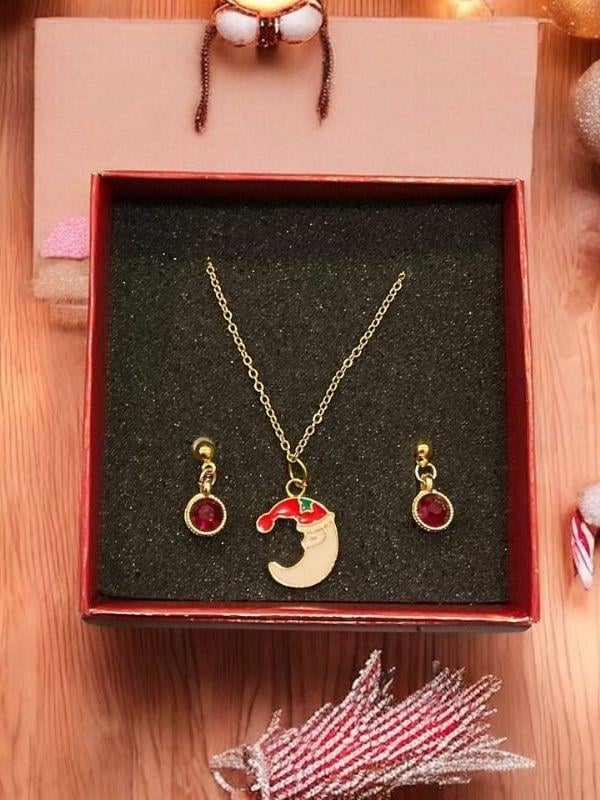 Yılbaşı Temalı Ay Charmlı Taşlı Küpeli Tasarım Set (Kutulu)