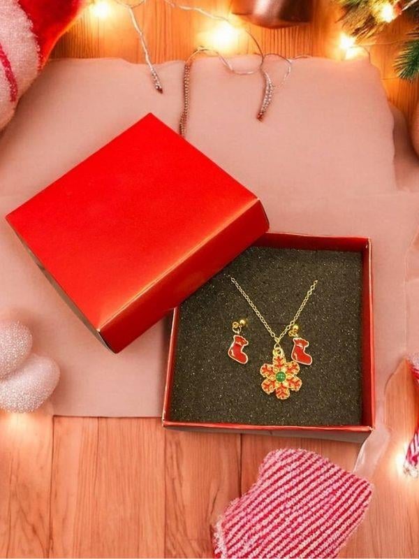 Yılbaşı Temalı Kar Taneli Charmlı Kolye Küpe Tasarım Set (Kutulu)