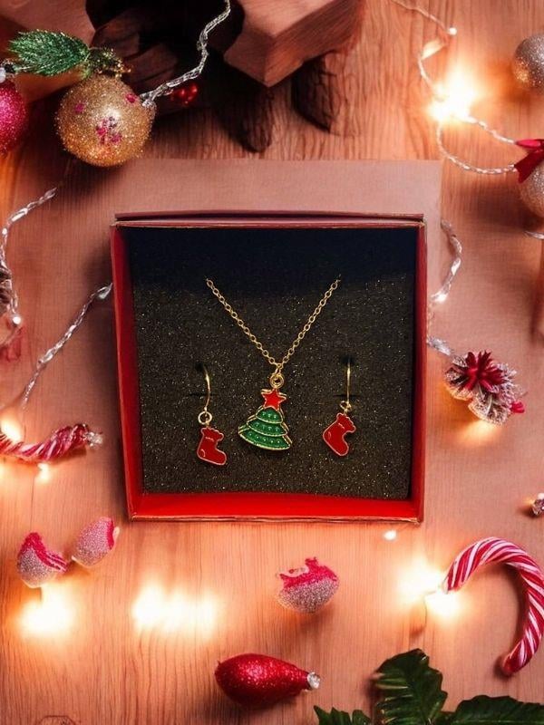 Yılbaşı Temalı Yeşil Çam Ağaçlı Kolye Küpe Tasarım Set (Kutulu)