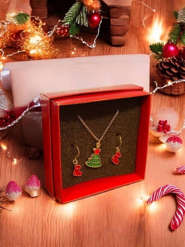 Yılbaşı Temalı Yeşil Çam Ağaçlı Kolye Küpe Tasarım Set (Kutulu)