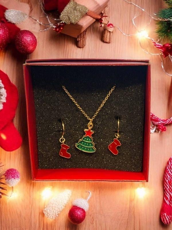 Yılbaşı Temalı Yeşil Çam Ağaçlı Kolye Küpe Tasarım Set (Kutulu)