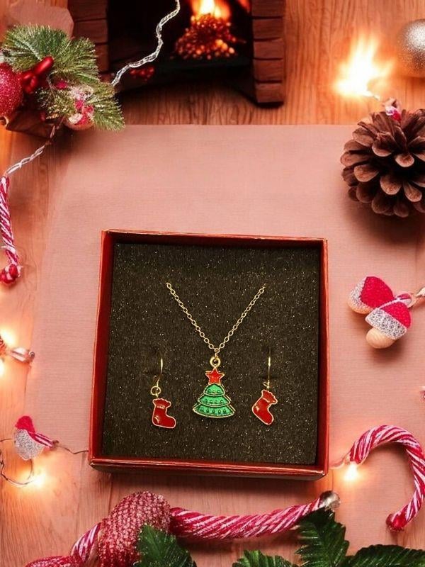 Yılbaşı Temalı Yeşil Çam Ağaçlı Kolye Küpe Tasarım Set (Kutulu)