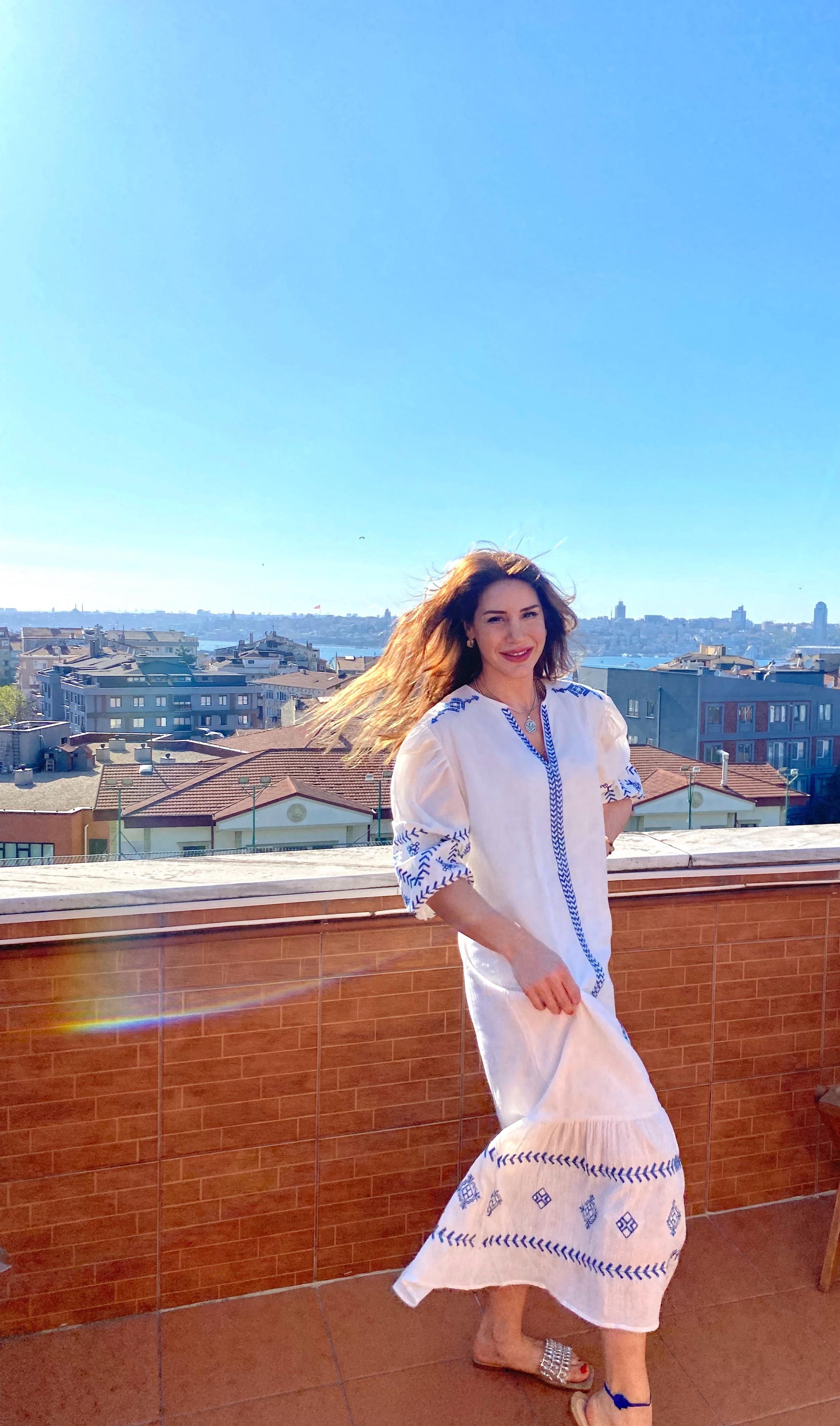 ElbiseEtnik Desen Astarlı Keten Elbise-Beyaz