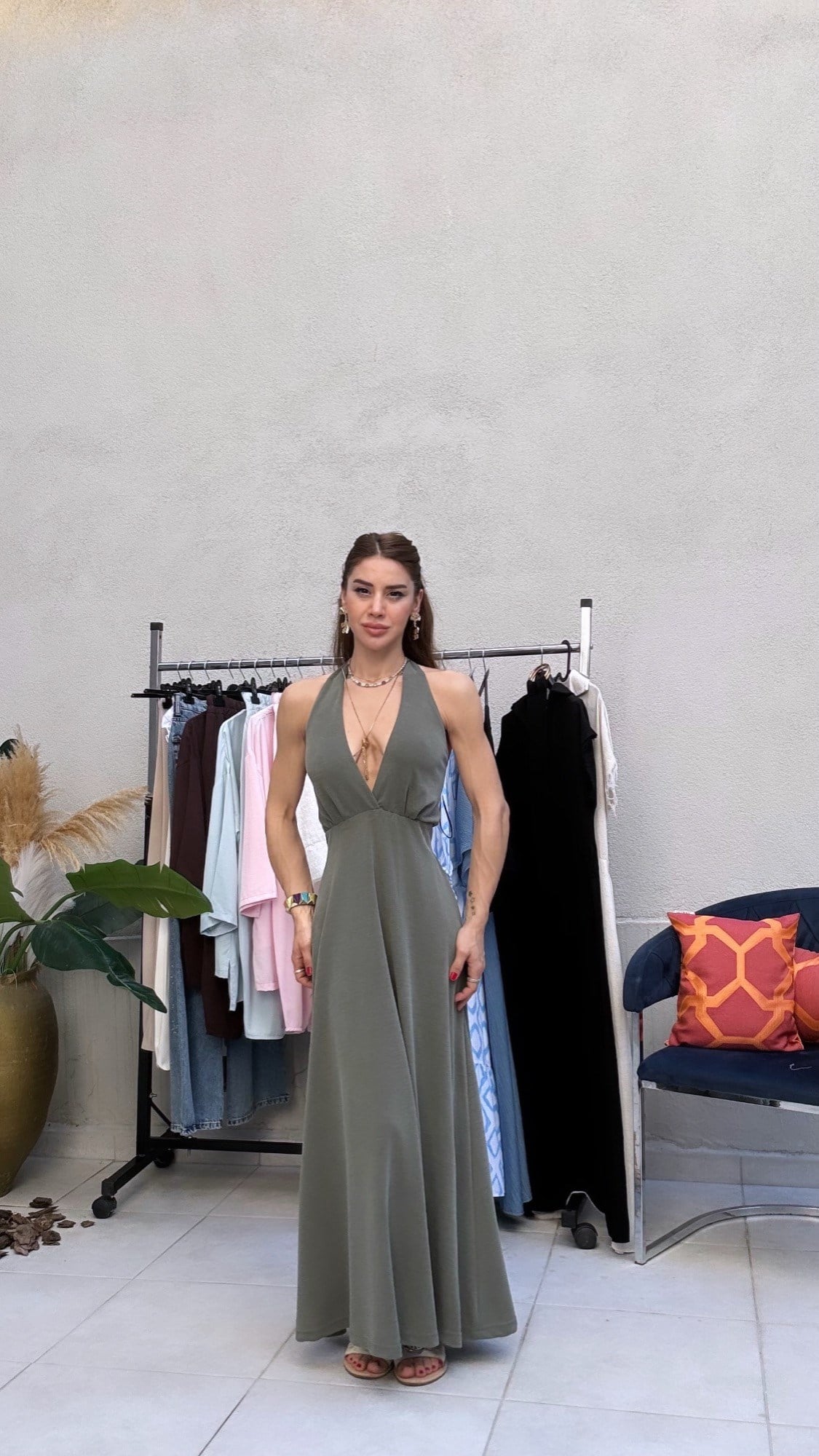 ELBİSEModal Bel Lastikli Kuşaklı Boyundan Geçirmeli Elbise Haki