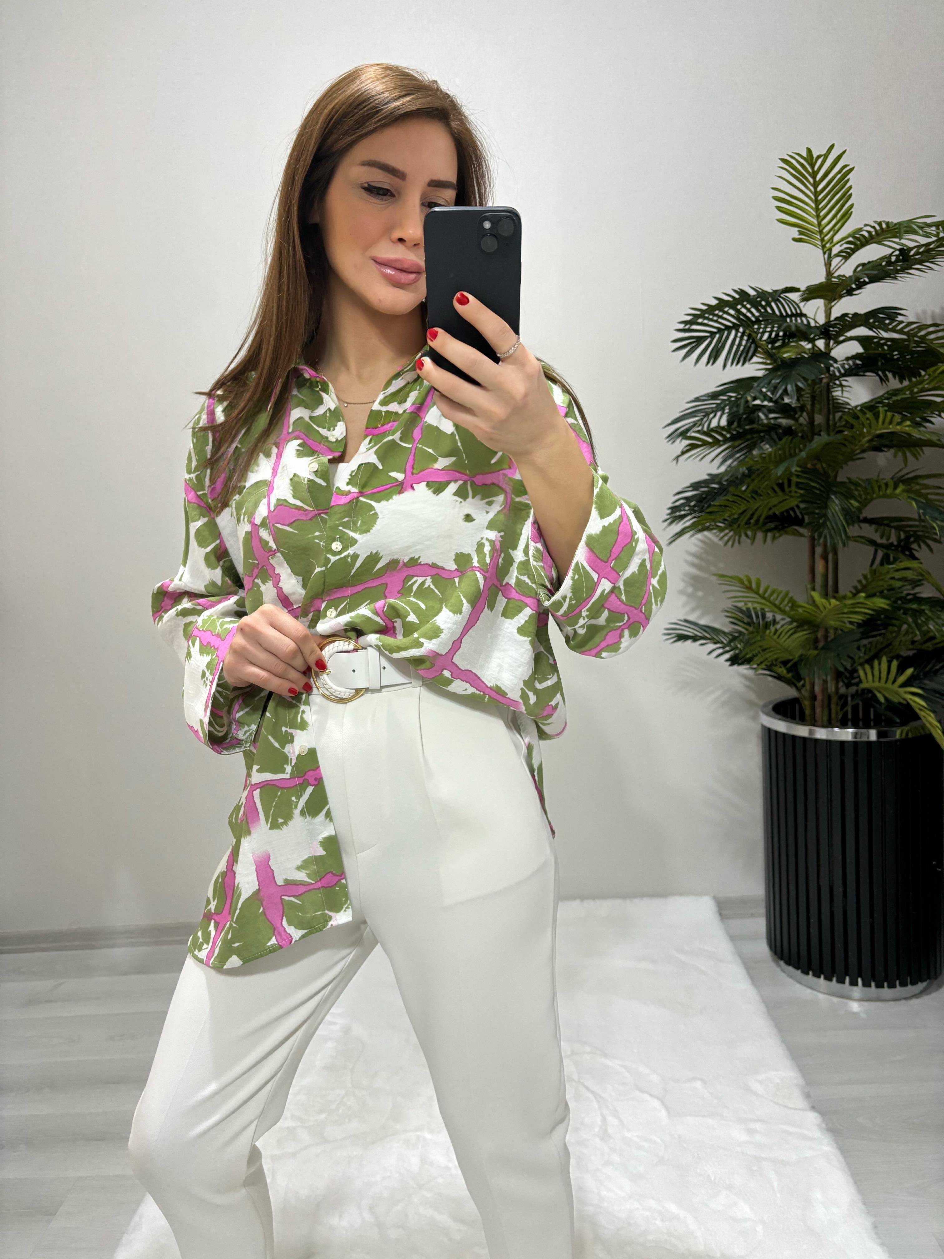 Marka Model Desenli Oversize Gömlek-Pembe