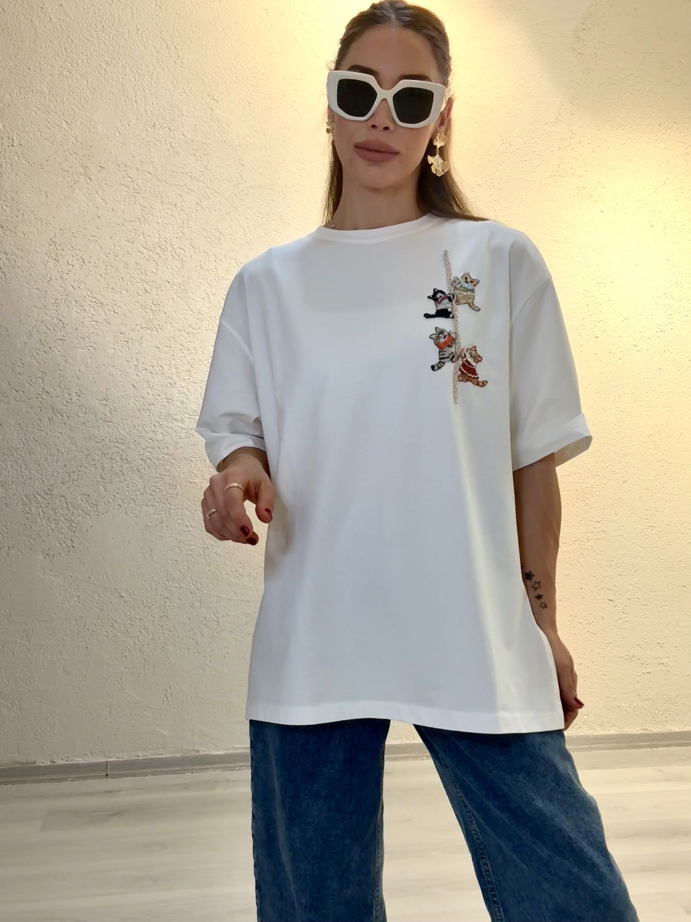 YENİ SEZON%100 El İşçiliği Pamuk Bisiklet Yaka Oversize Tshırt