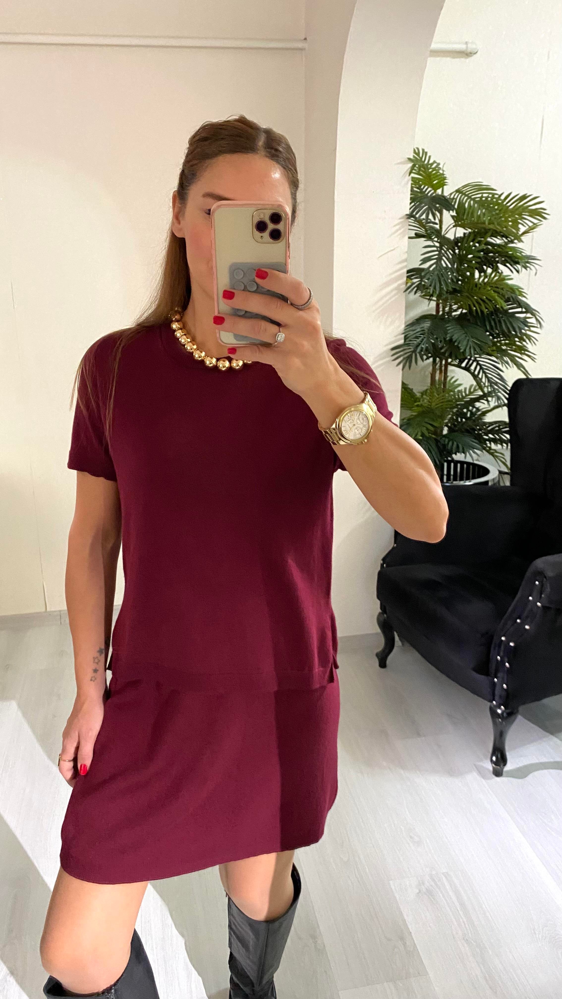 YENİ SEZONBordo Triko Bisiklet Yaka Bluz Etek Takım