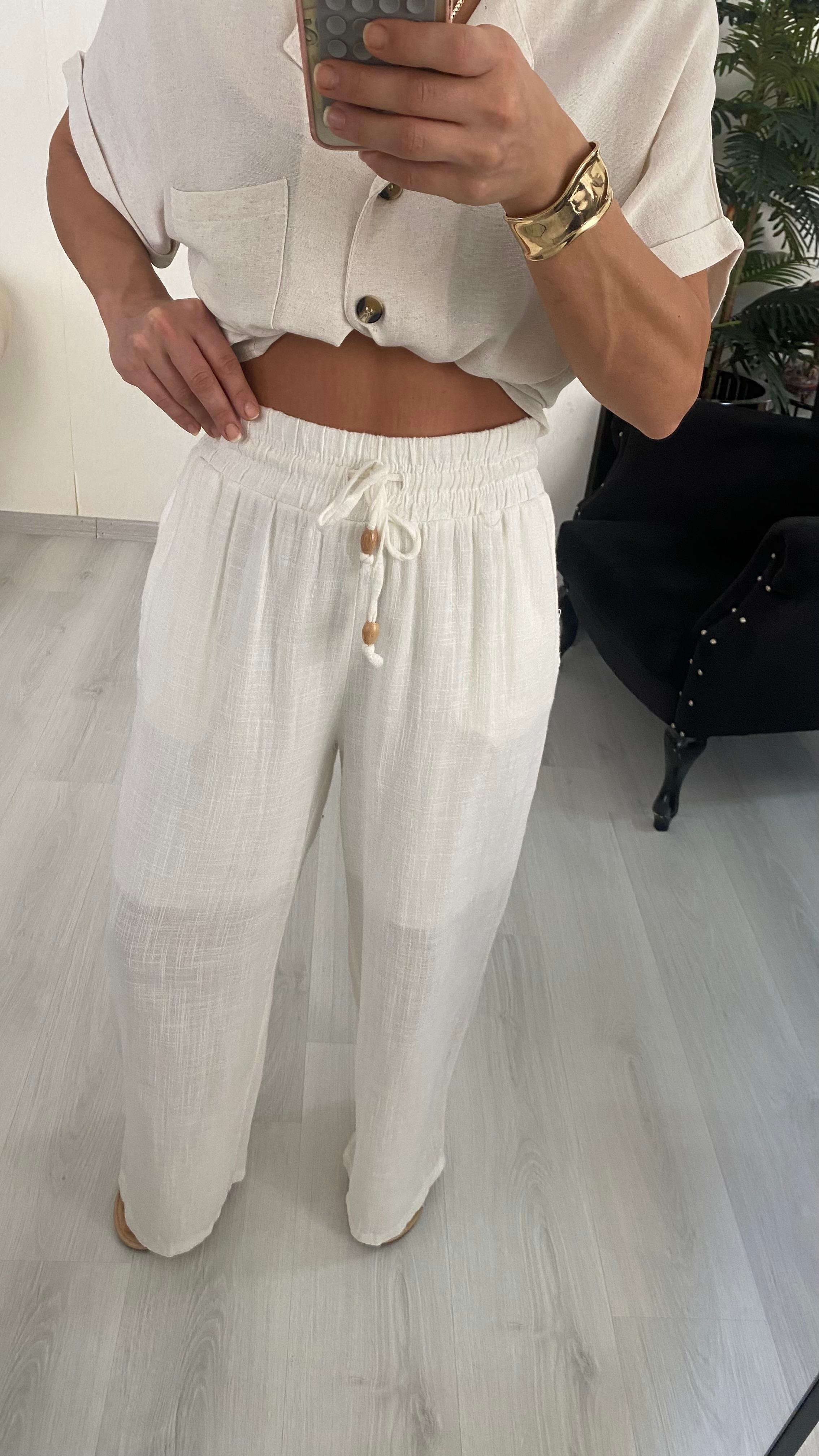 YENİ SEZONEkru Bel Lastikli Cepli Keten Pantolon