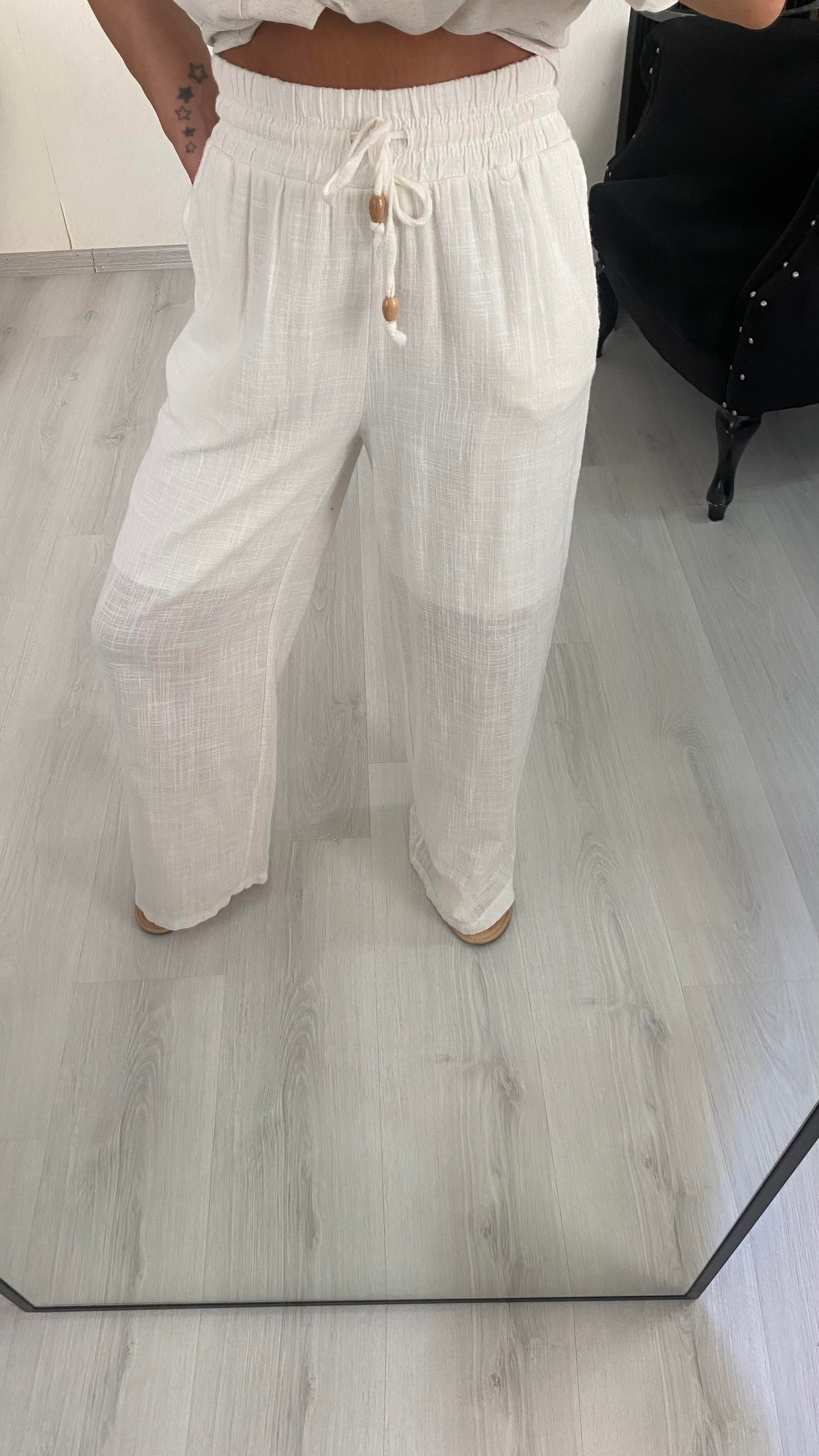YENİ SEZONEkru Bel Lastikli Cepli Keten Pantolon