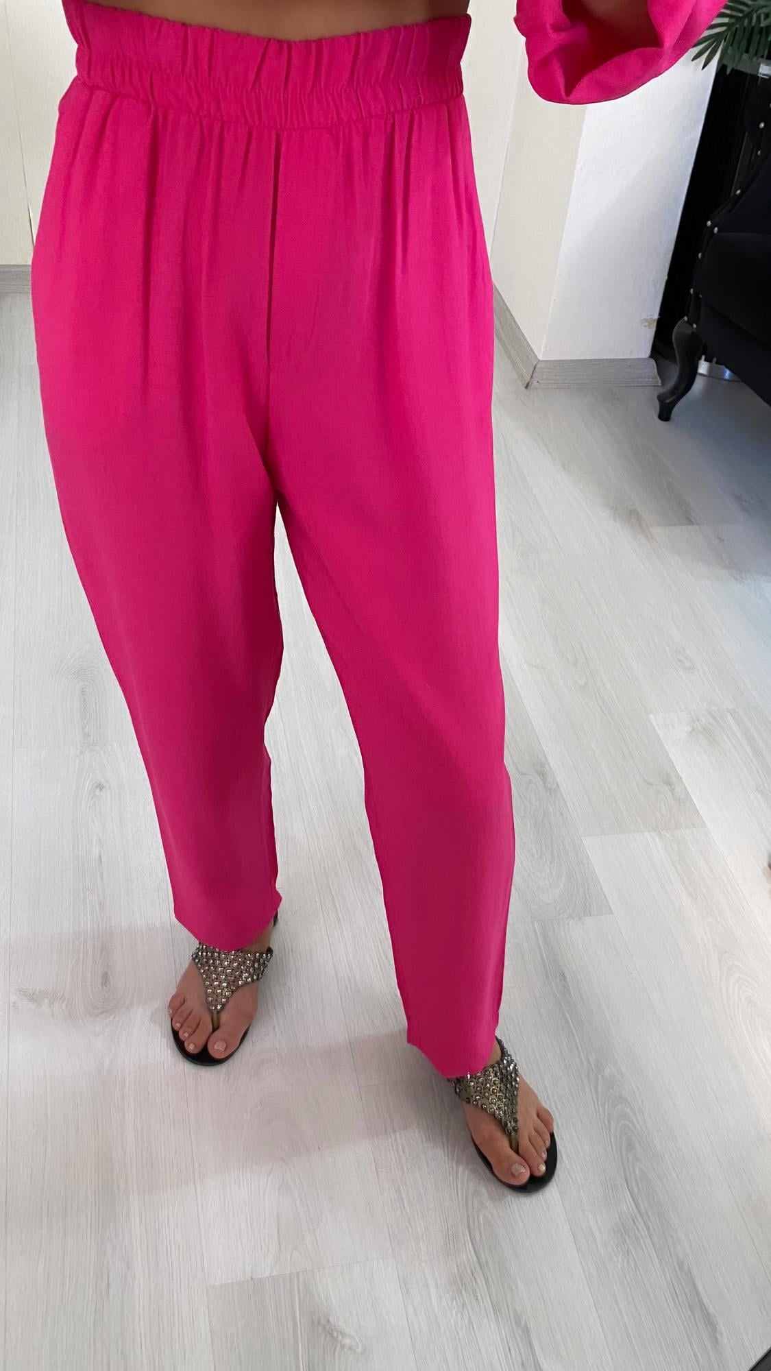 YENİ SEZONFuşya Bel Lastikli Cepli Yüksek Bel Pantolon