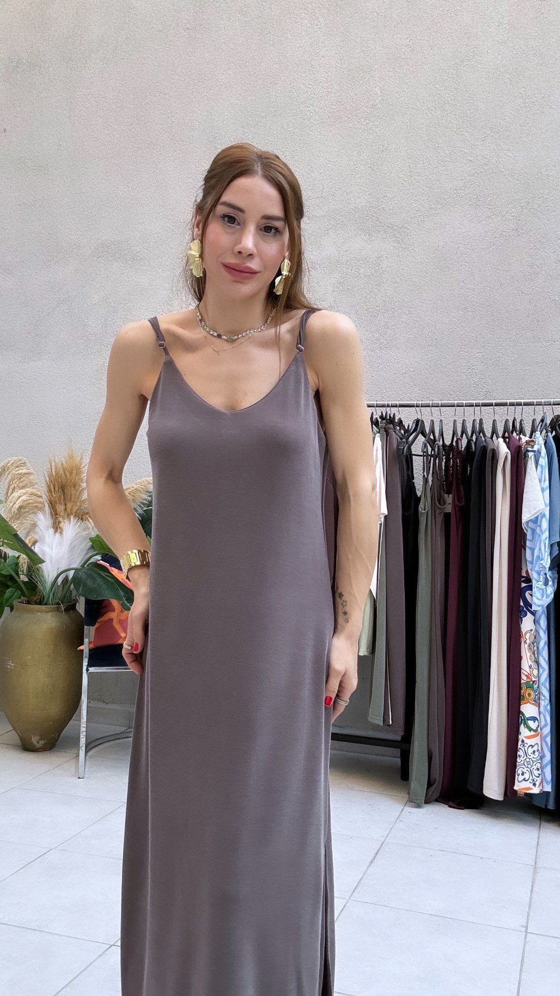 YENİ SEZONİp Askılı Modal Kahverengi Yırtmaçlı Askılı Elbise